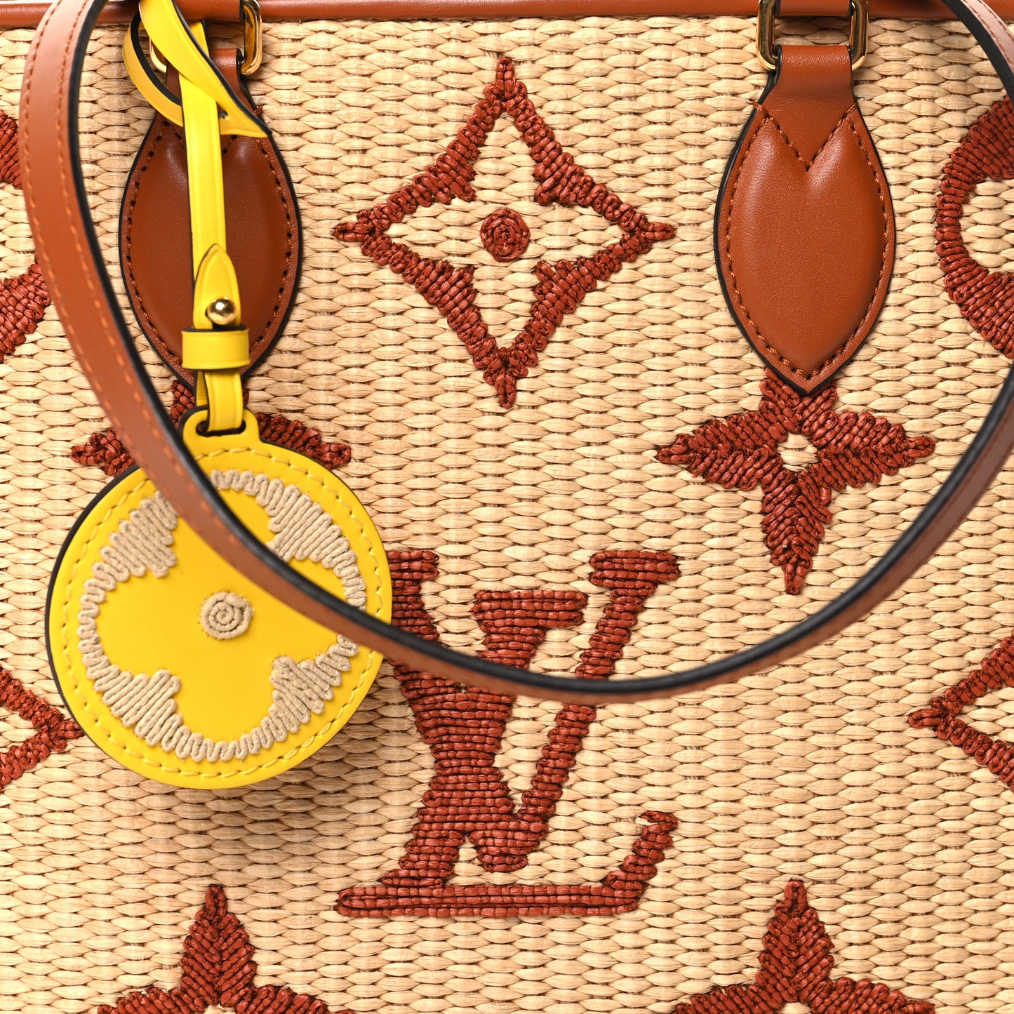 Raffia Calfskin Monogram Giant Onthego MM Tan