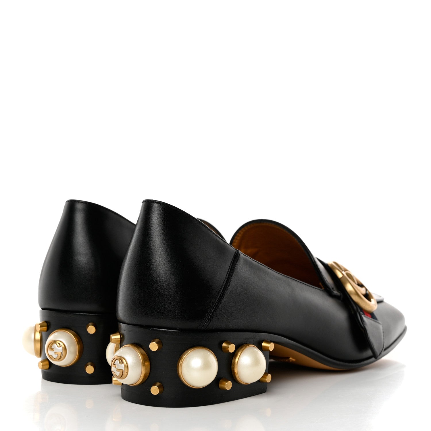 Gucci Betis Glamour Calfskin Web Pearl Embellished Peyton 35mm Loafer Pumps 36.5 Black 4 of 9