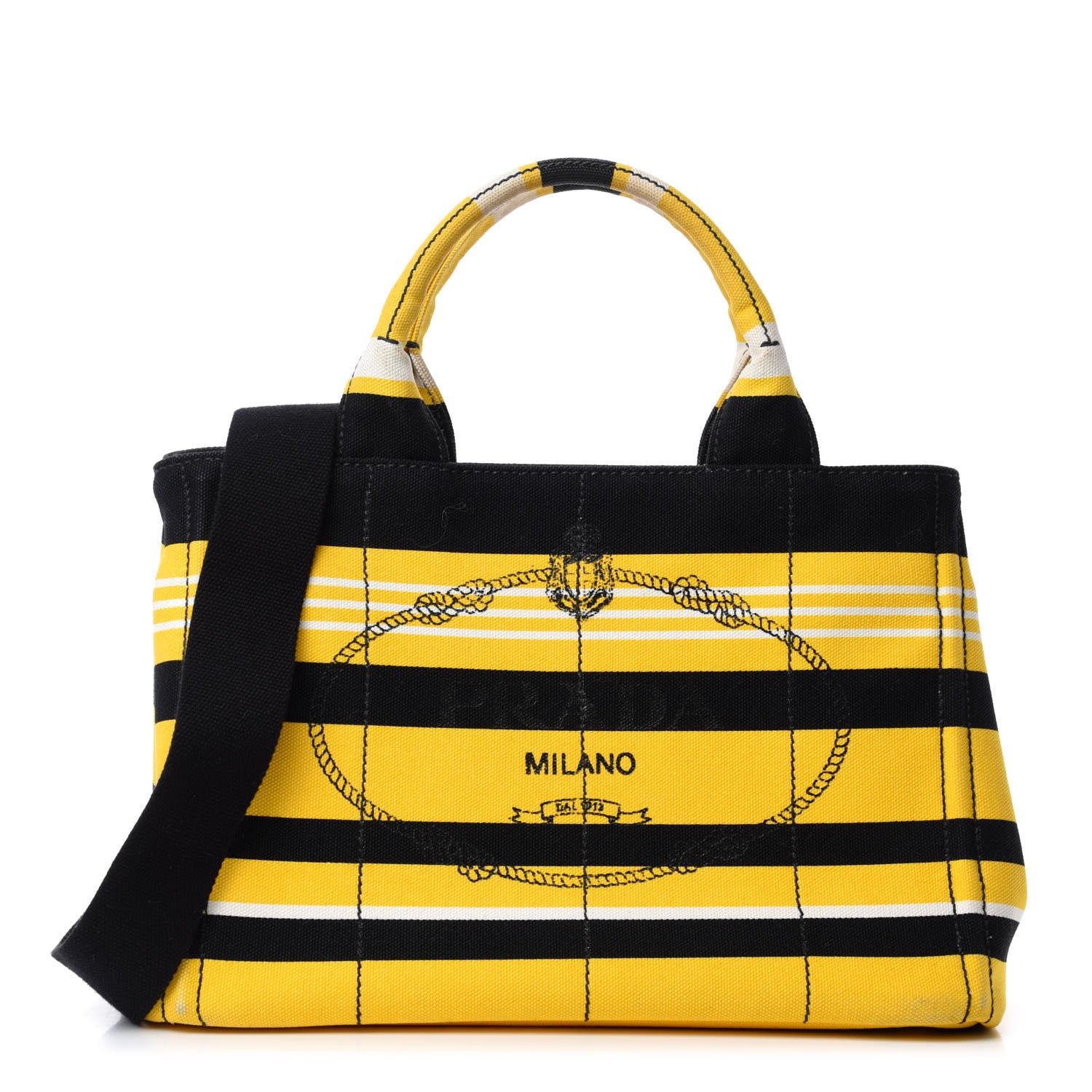Prada Canvas Canapa Righe Striped Logo Tote Yellow Black 1 of 12