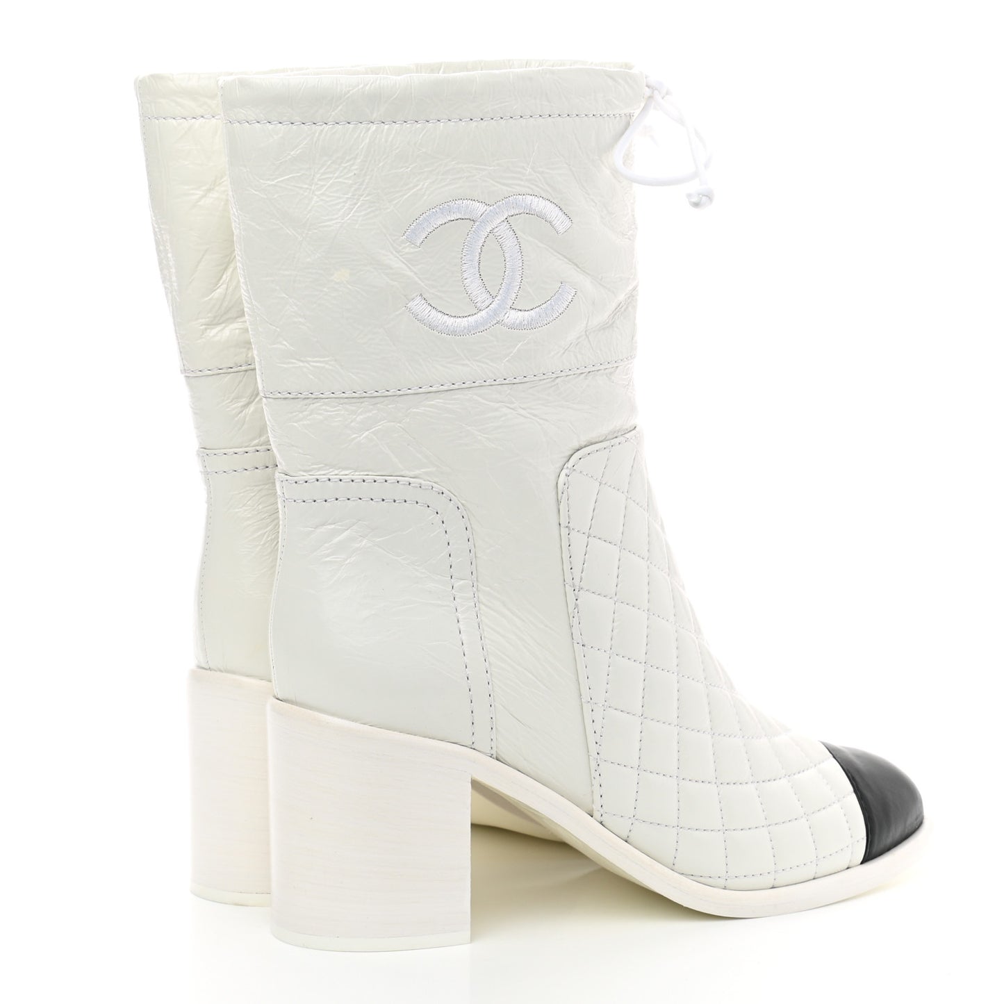 Crumpled Calfskin Quilted Cap Toe Short Boots 37.5 White Black