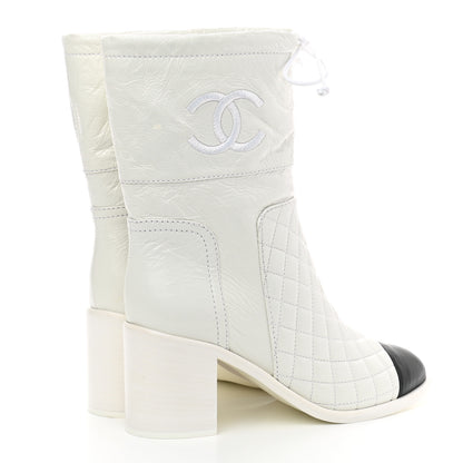 Chanel Crumpled Calfskin Quilted Cap Toe Short Boots 37.5 White Black 4 of 7