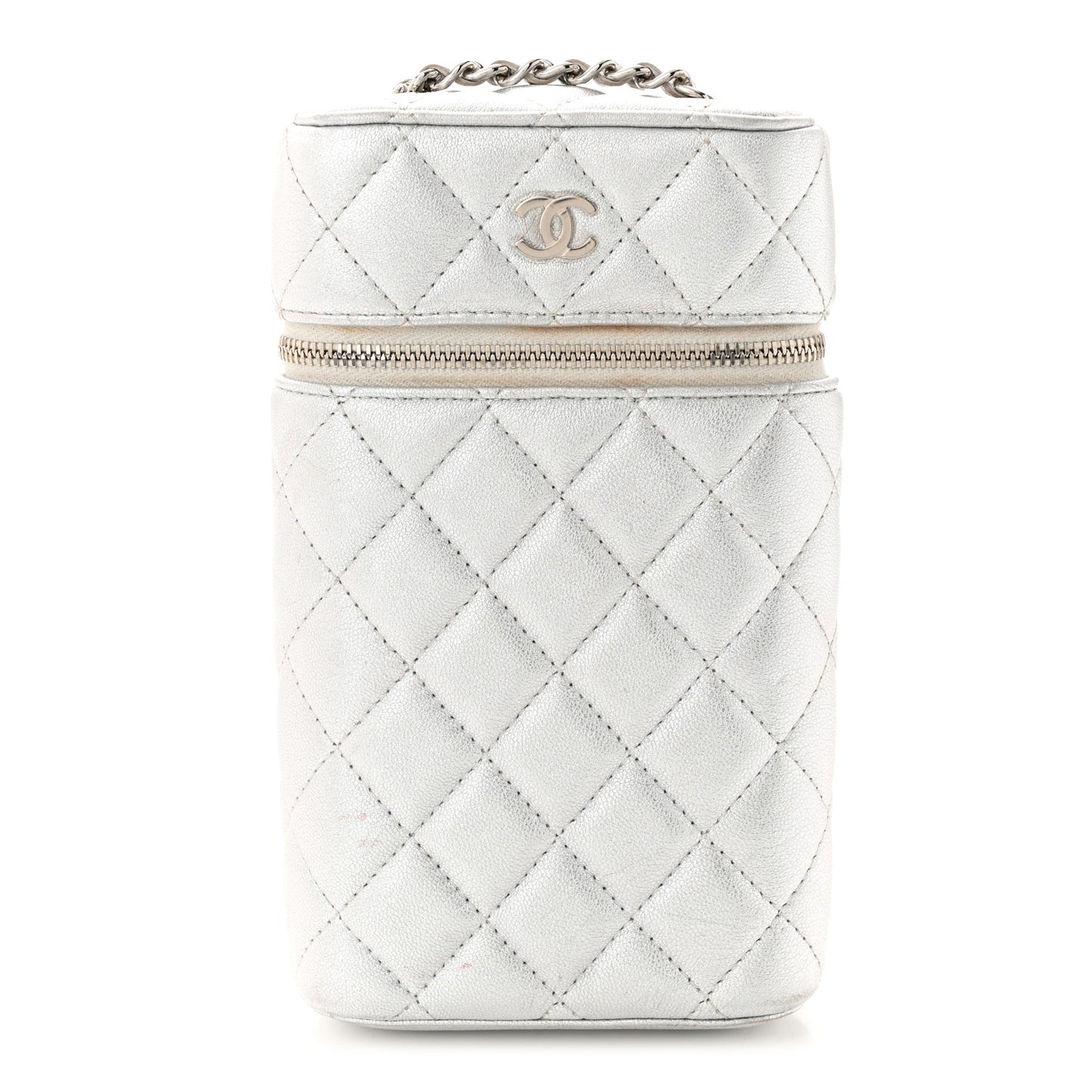 Metallic Lambskin Quilted Phone Holder With Chain Silver