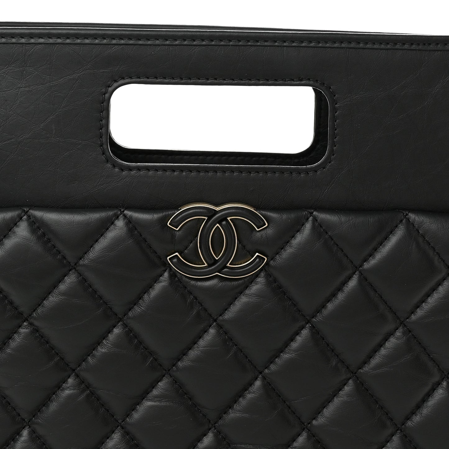 Aged Calfskin Quilted Graphic Catch Shopping Bag Black