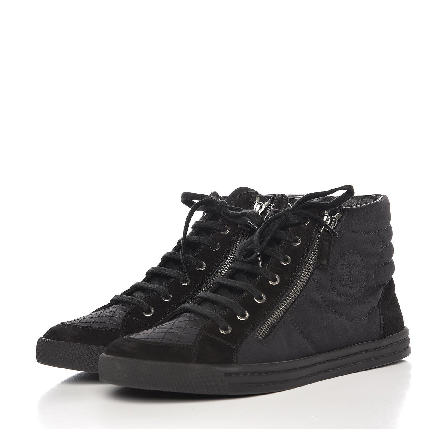 Canvas Suede Calfskin Zipped Sneakers 42 Black