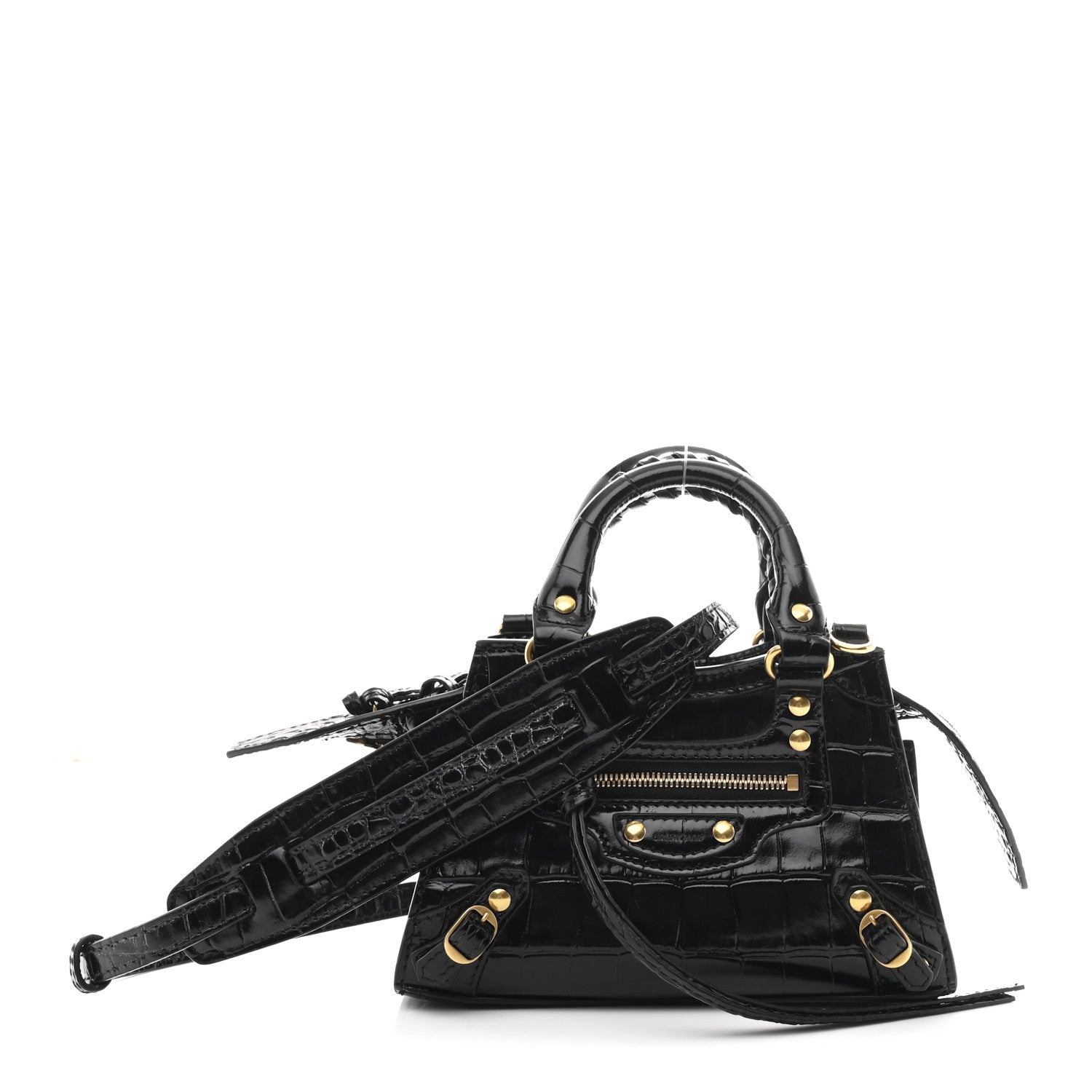 Balenciaga Shiny Supple Calfskin Crocodile Embossed Neo Classic Gold Hardware Nano City Crossbody Black 1 of 9