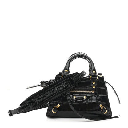 Balenciaga Shiny Supple Calfskin Crocodile Embossed Neo Classic Gold Hardware Nano City Crossbody Black 1 of 9