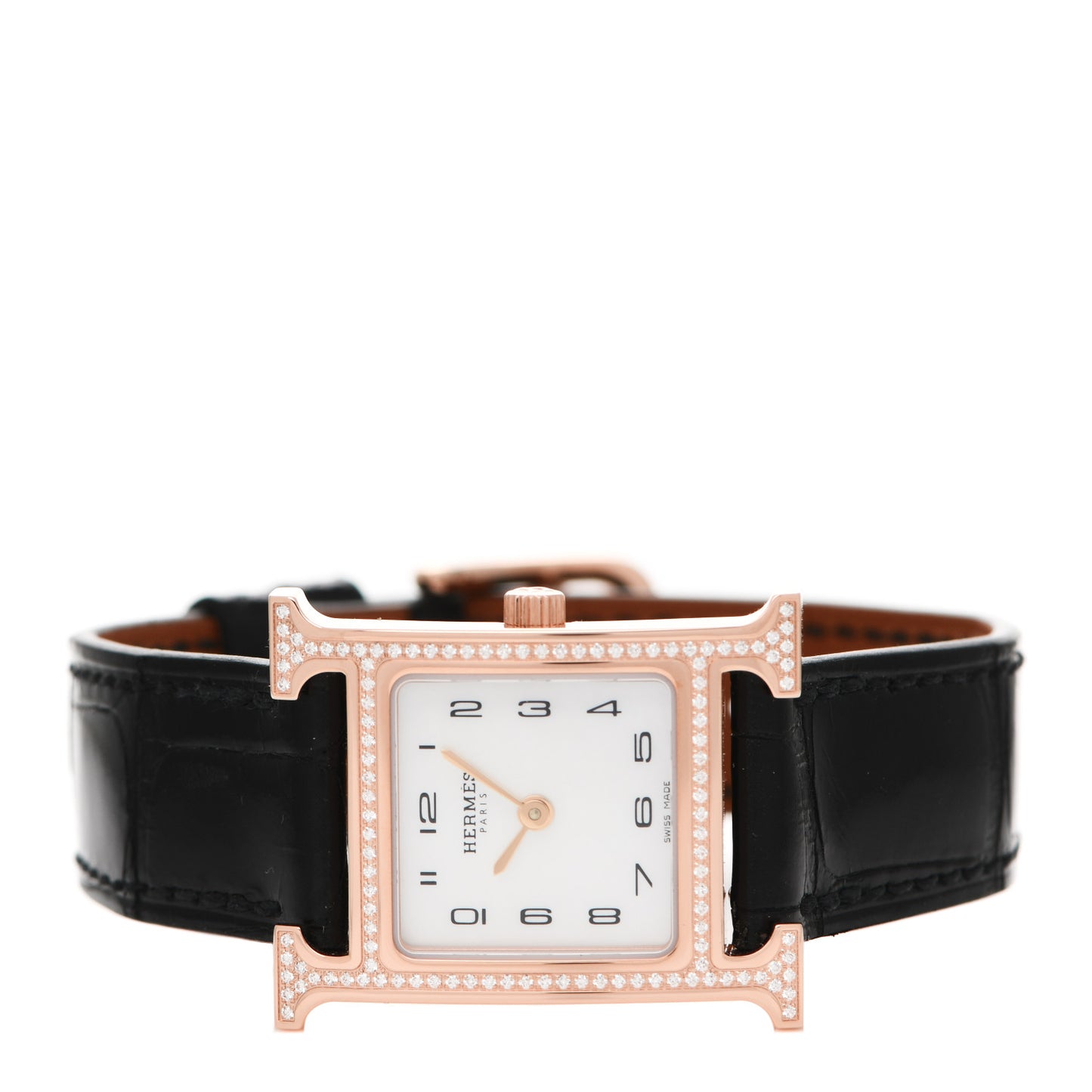18K Rose Gold Alligator Diamond Bezel Mother of Pearl 21mm Heure H Hour Quartz Watch Noir