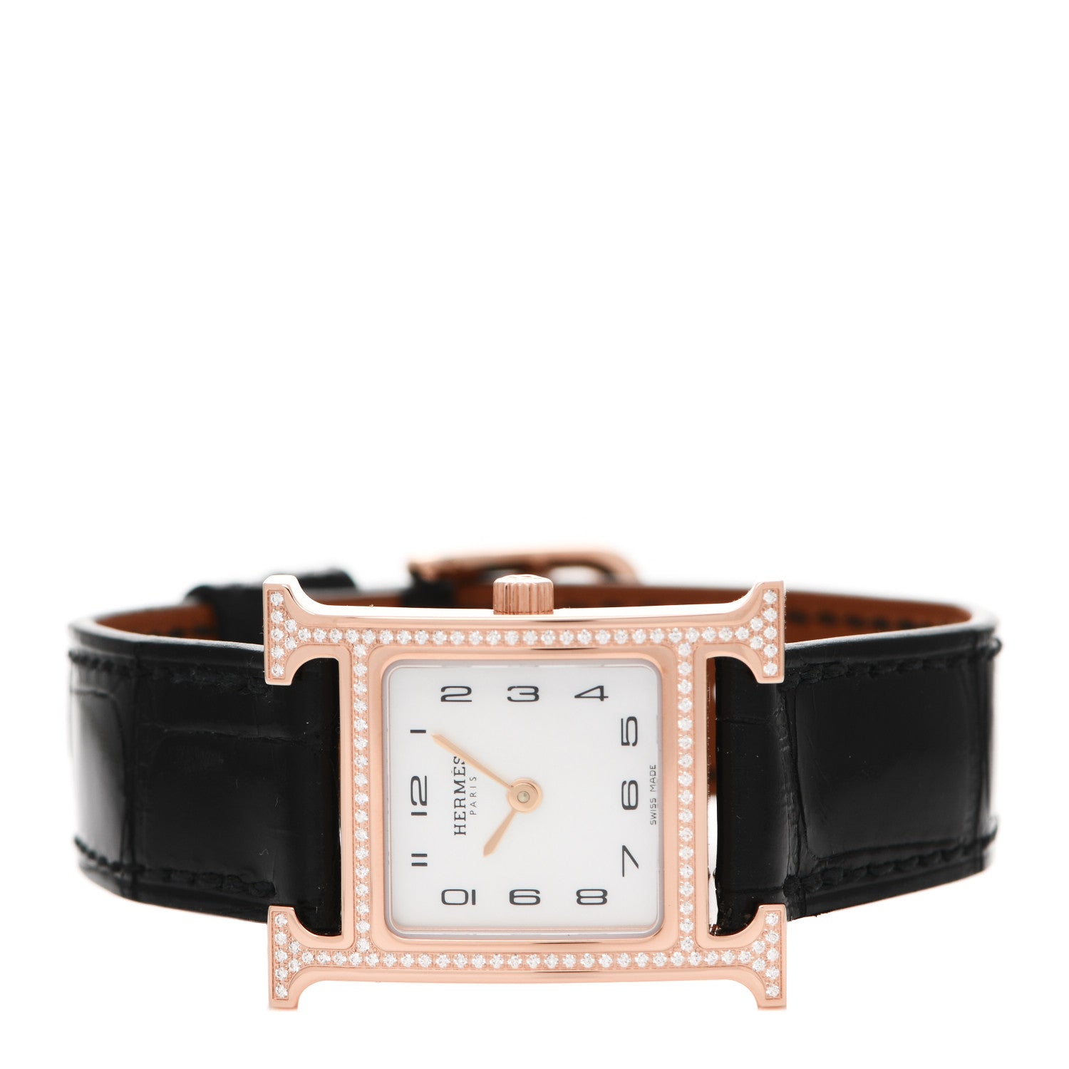 Hermes 18K Rose Gold Alligator Diamond Bezel Mother of Pearl 21mm Heure H Hour Quartz Watch Noir 2 of 5