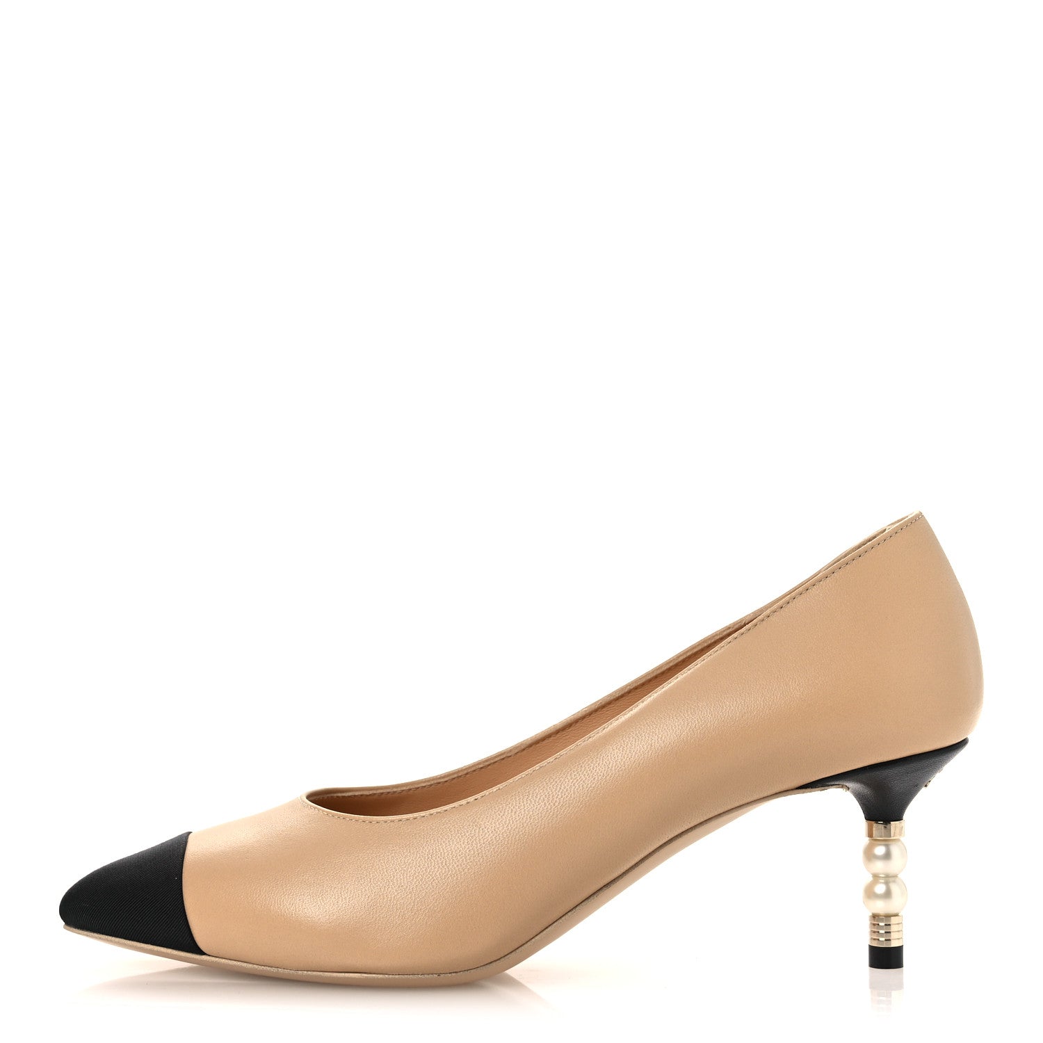 Chanel Lambskin Grosgrain Cap Toe CC Pearl Pumps 36.5 Beige Black 1 of 11