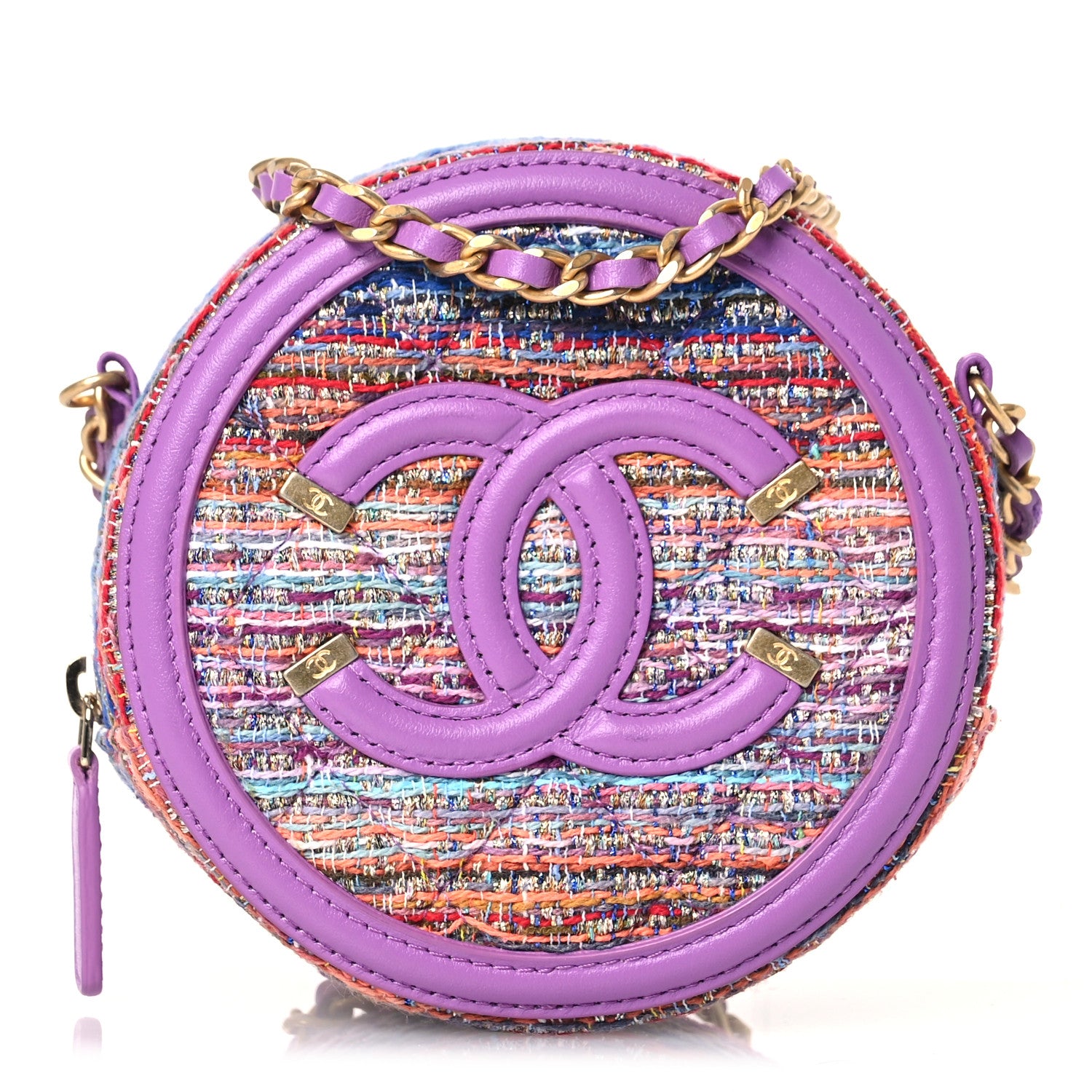 Chanel Tweed Quilted Round Filigree Clutch With Chain Purple Multicolor 1 of 10