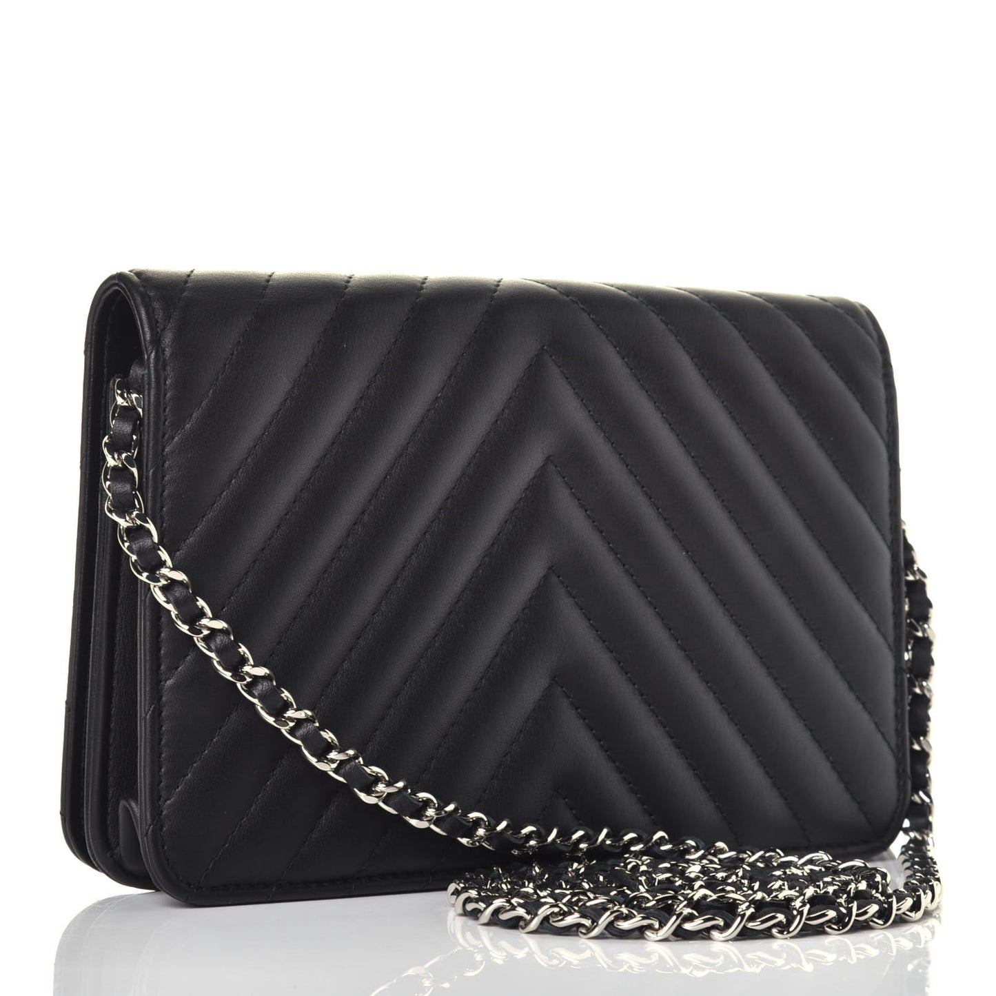 Calfskin Diagonal Chevron Quilted Tassel Wallet On Chain WOC Black