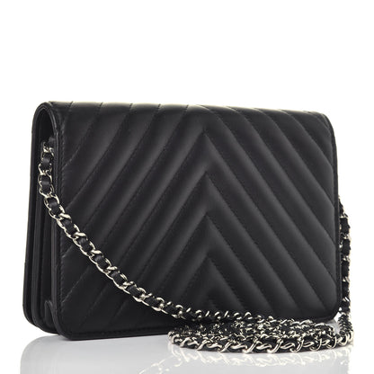 Chanel Calfskin Diagonal Chevron Quilted Tassel Wallet On Chain WOC Black 3 of 10