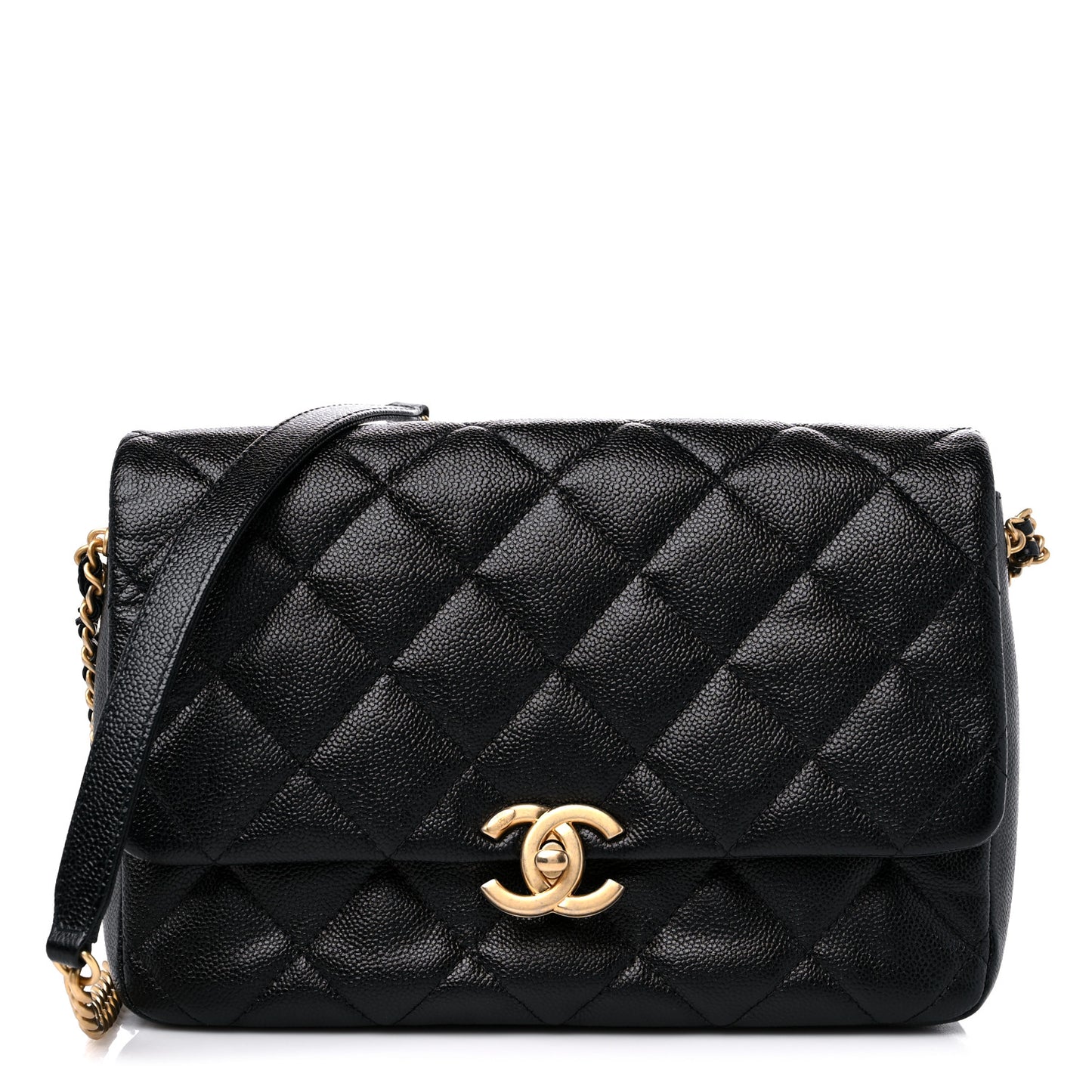 Shiny Caviar Quilted Large Chain Melody Flap Black