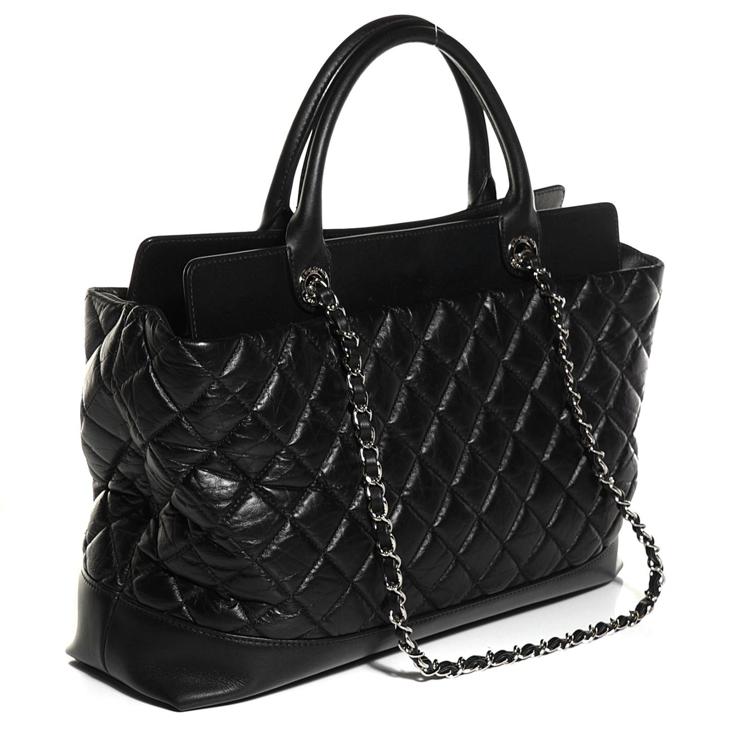 Aged Calfskin Quilted Be CC Tote Black