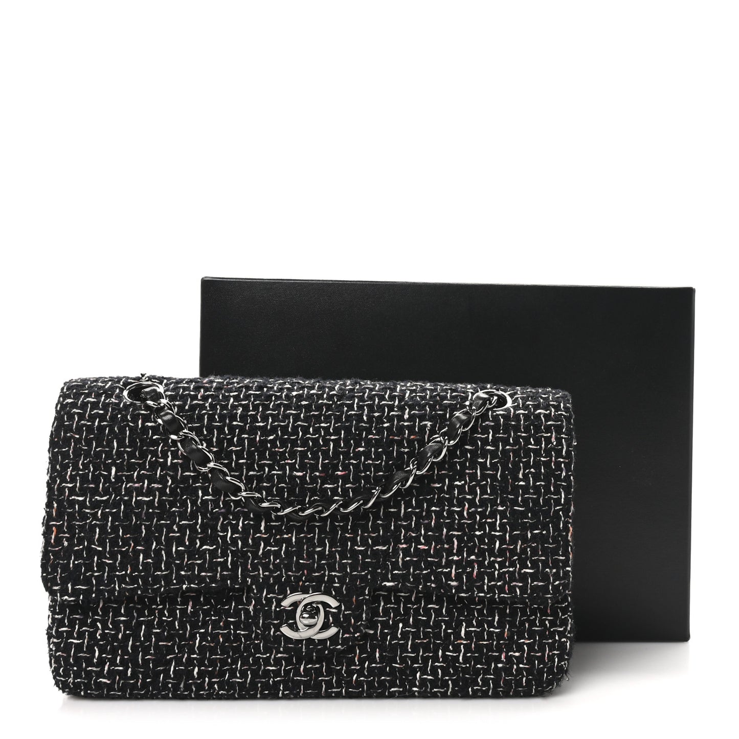 Tweed Quilted Medium Double Flap Black Multicolor