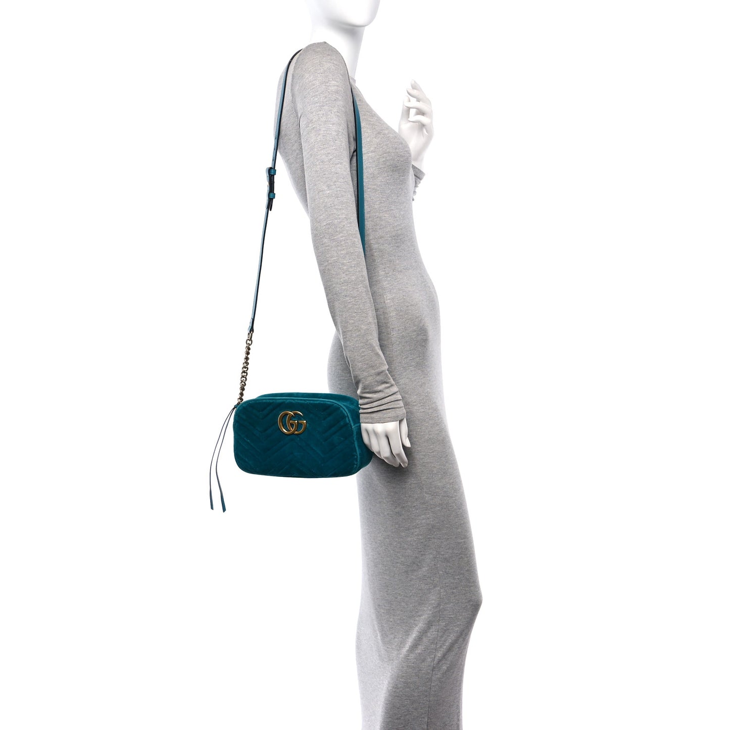 Velvet Matelasse Small GG Marmont Chain Shoulder Bag Pavone Cyan