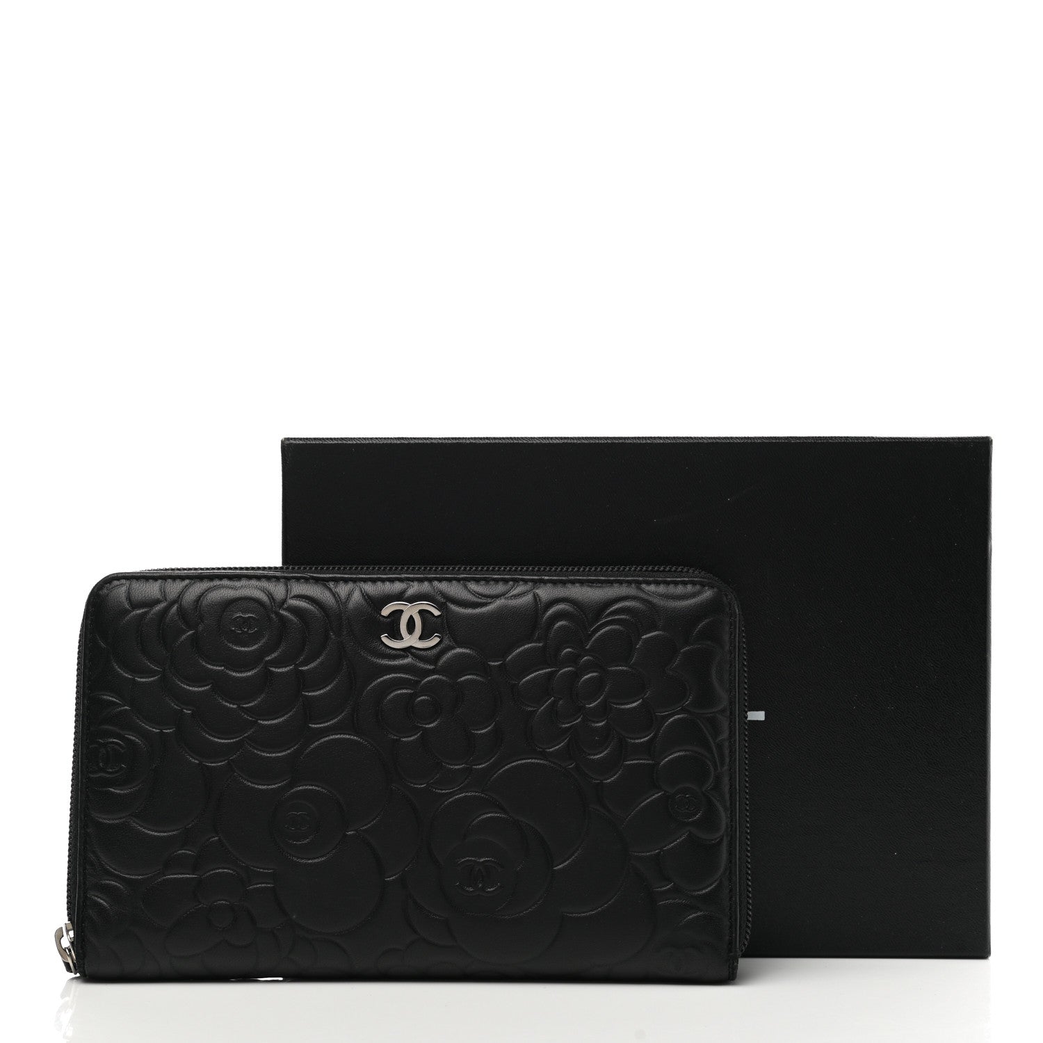 Chanel Lambskin Camellia Embossed Zip Around Organizer Wallet Black 14 of 14