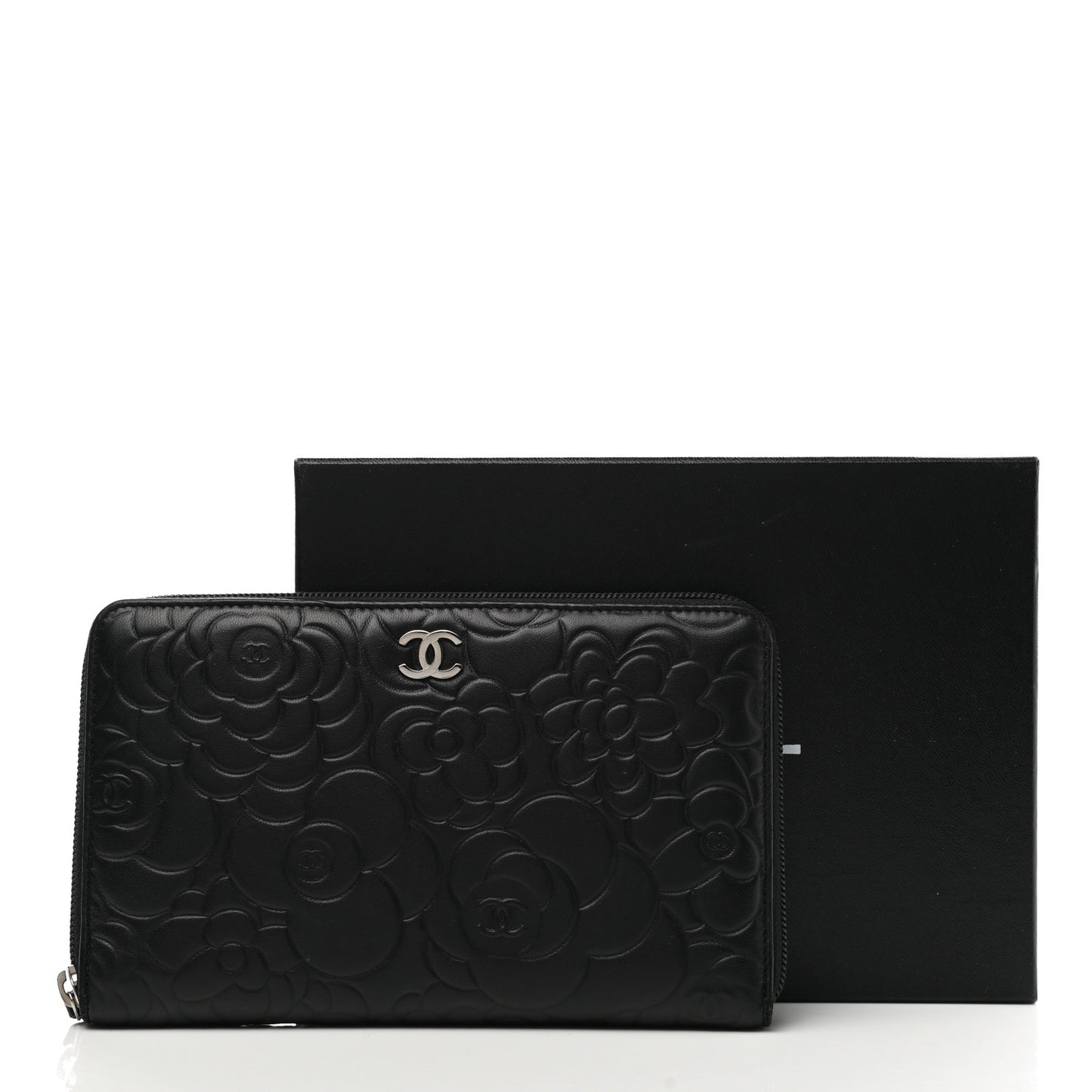 Lambskin Camellia Embossed Zip Around Organizer Wallet Black