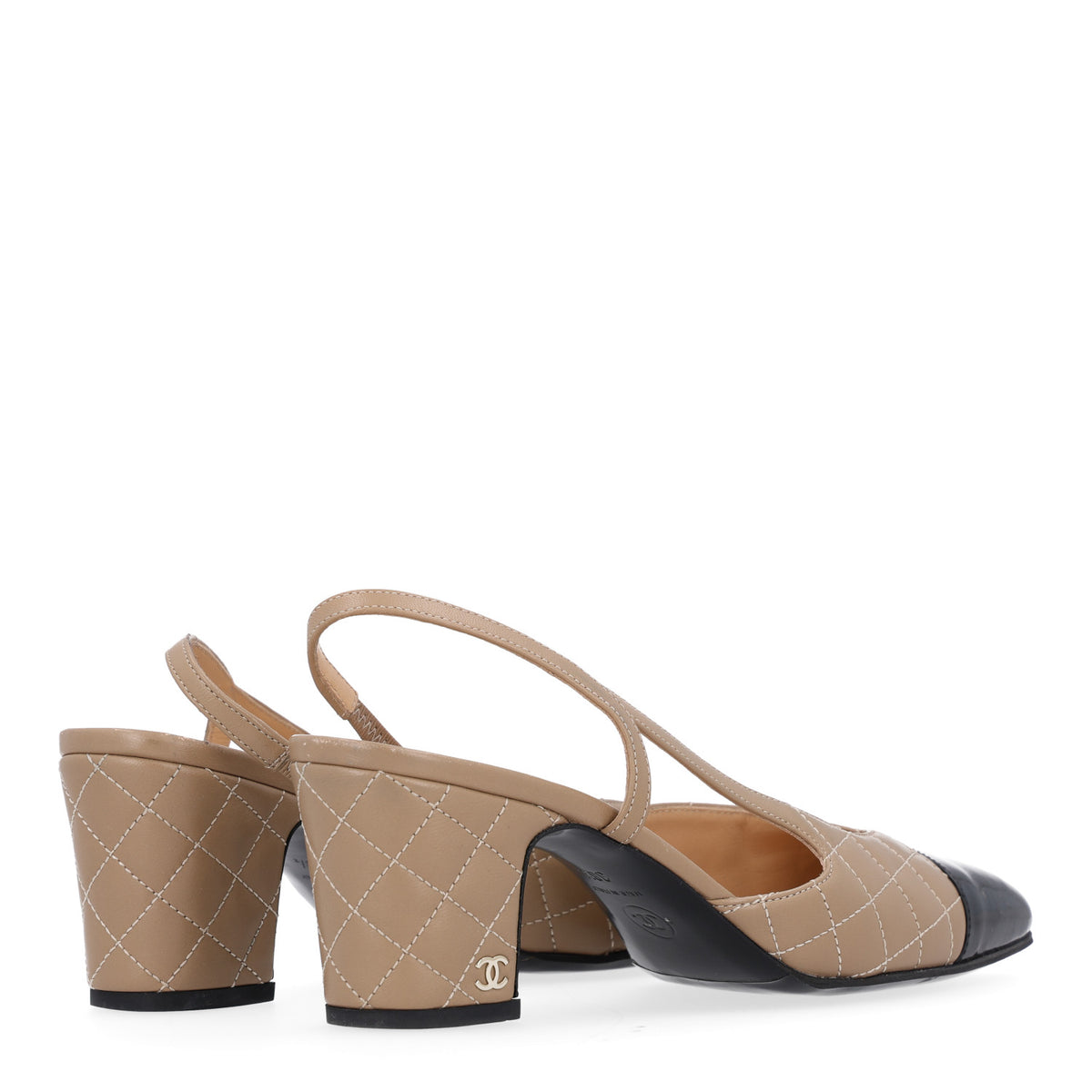 Chanel Lambskin Patent Calfskin Quilted Cap Toe CC Slingback Pumps 38.5 Beige Black 5 of 13