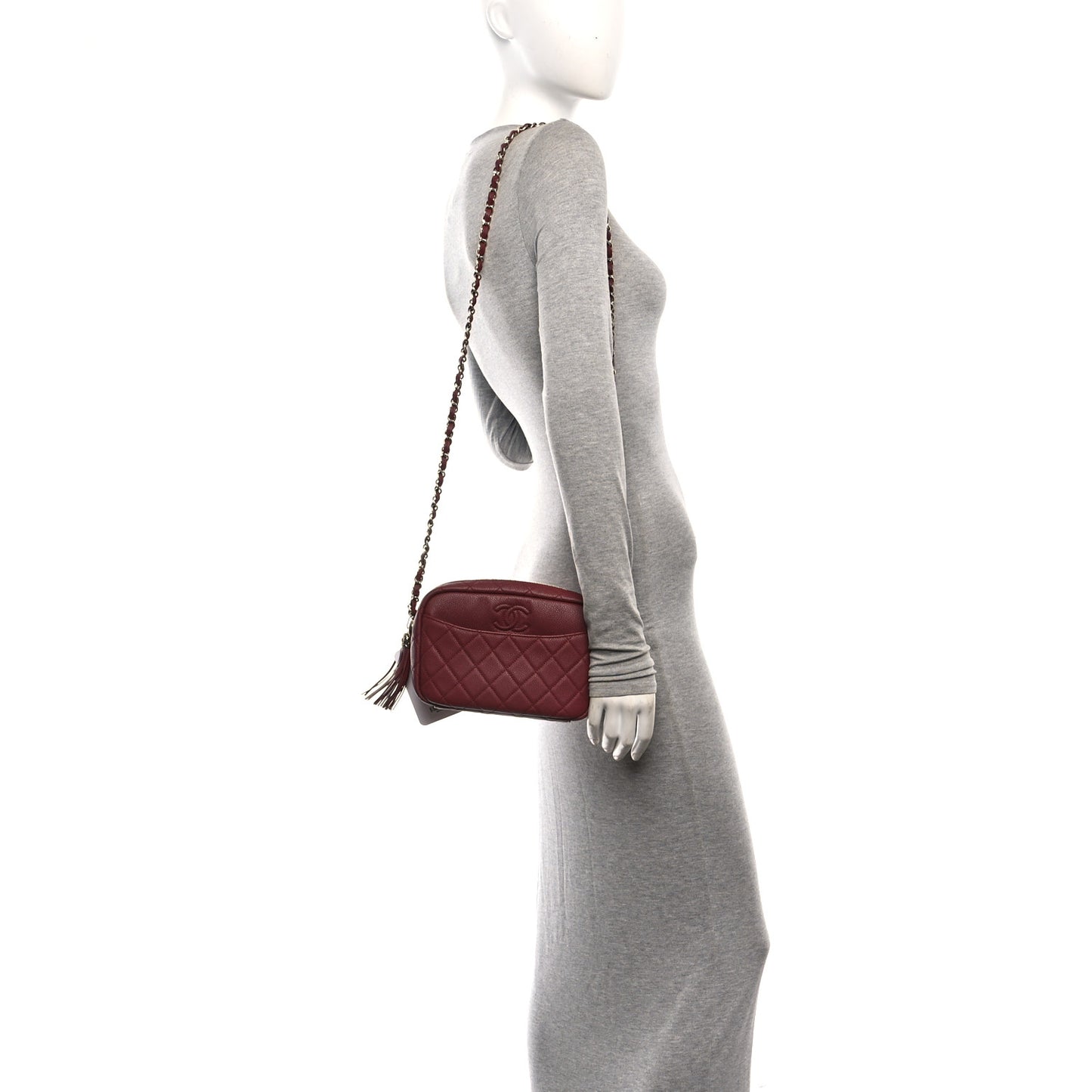 Caviar Quilted Medium Coco Tassel Camera Case Burgundy
