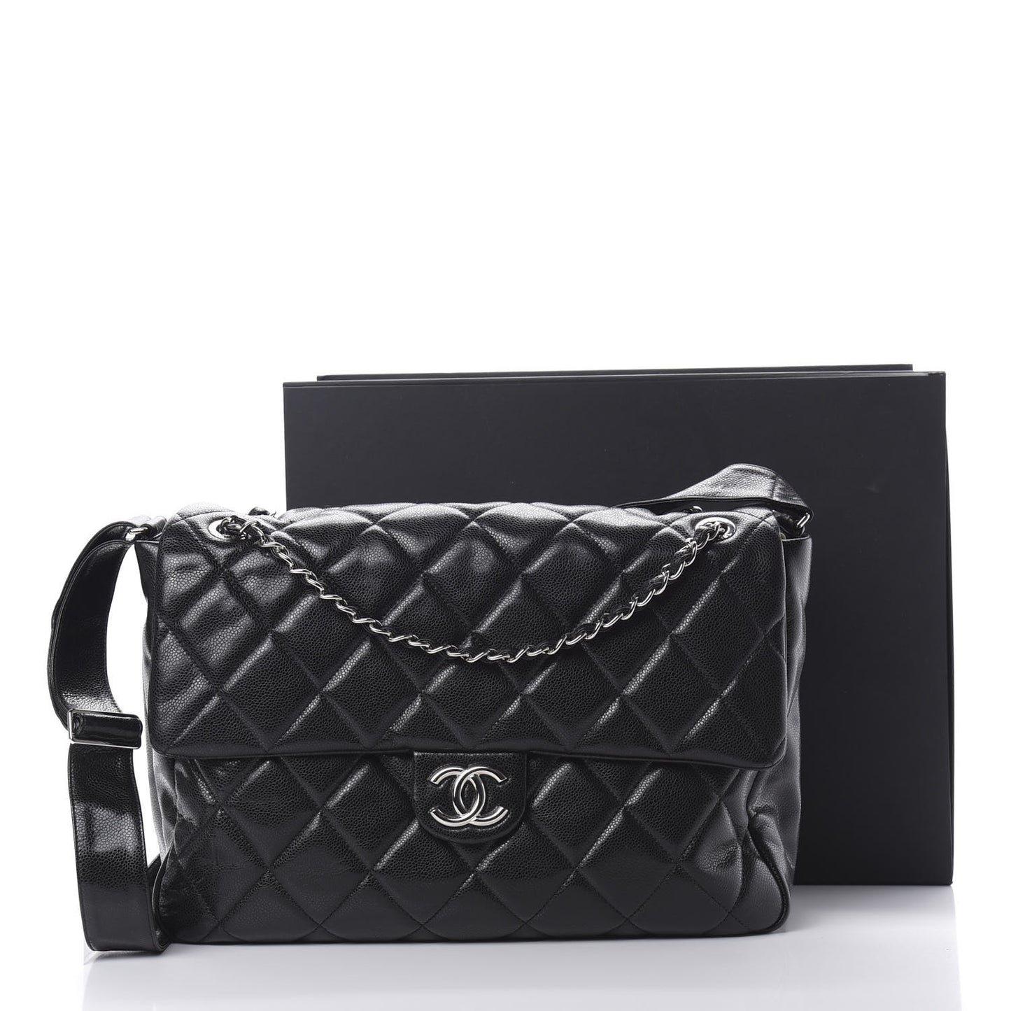Glazed Caviar Large Nature Flap Bag Black