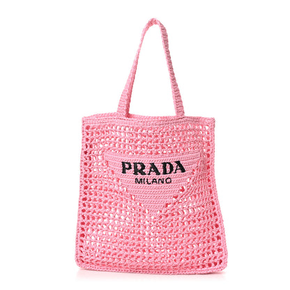 Prada Yarn Raffia Effect Crochet Logo Embroidered Tote Bag Petalo 1 of 9