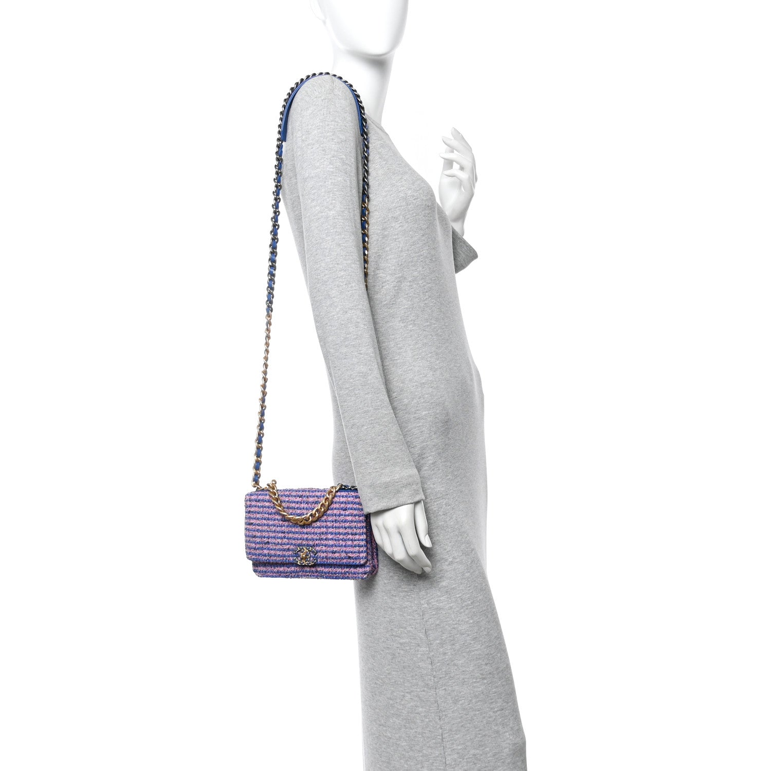 Chanel Tweed Quilted Chanel 19 Wallet On Chain WOC Blue Pink 2 of 14