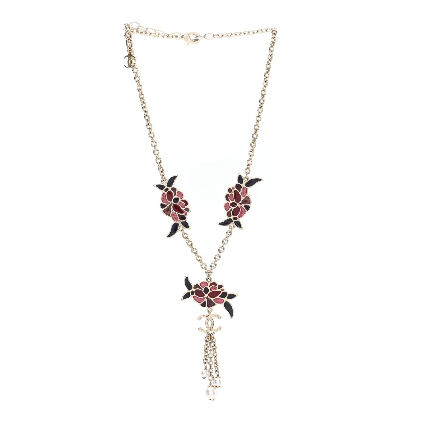 Chanel Resin Pearl Metal CC Camellia Necklace Pink Gold 3 of 4