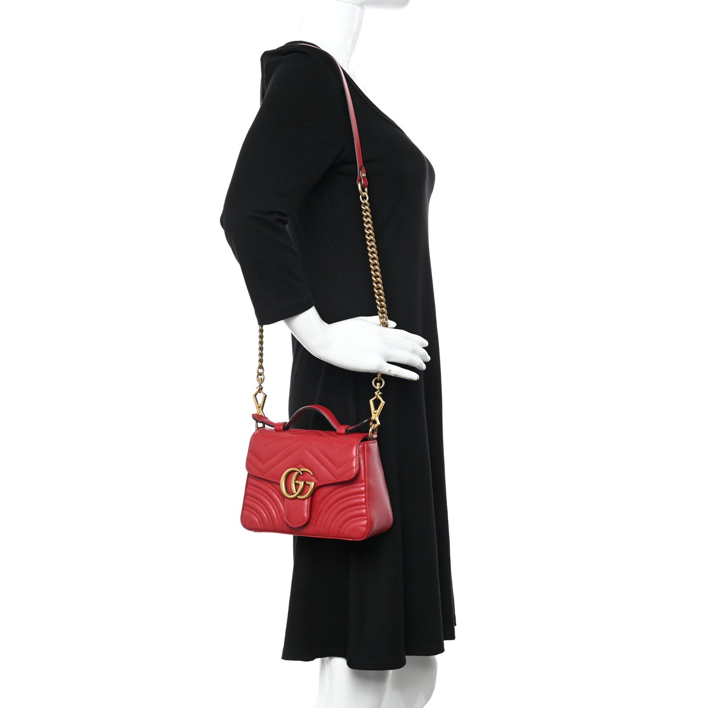 Calfskin Matelasse Mini GG Marmont Top Handle Shoulder Bag Hibiscus Red