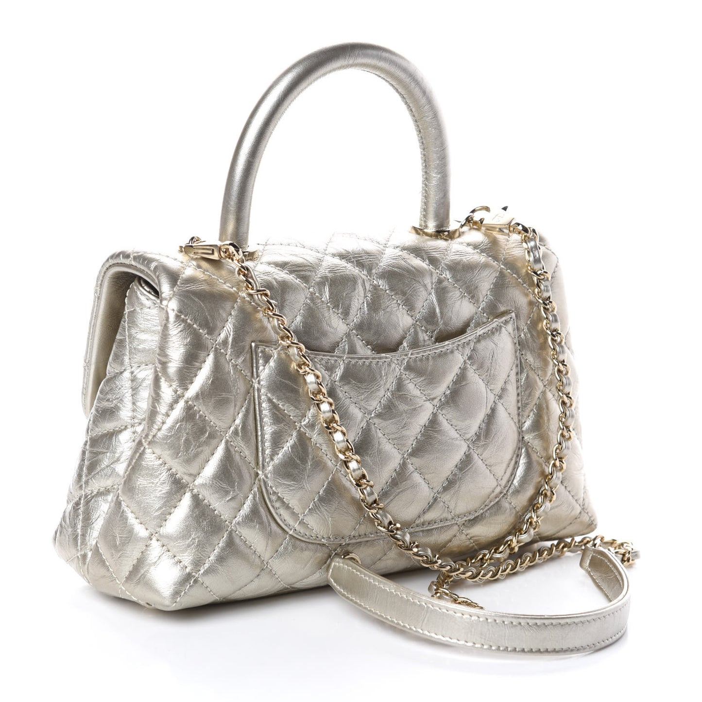 Metallic Aged Calfskin Quilted Mini Coco Handle Flap Silver
