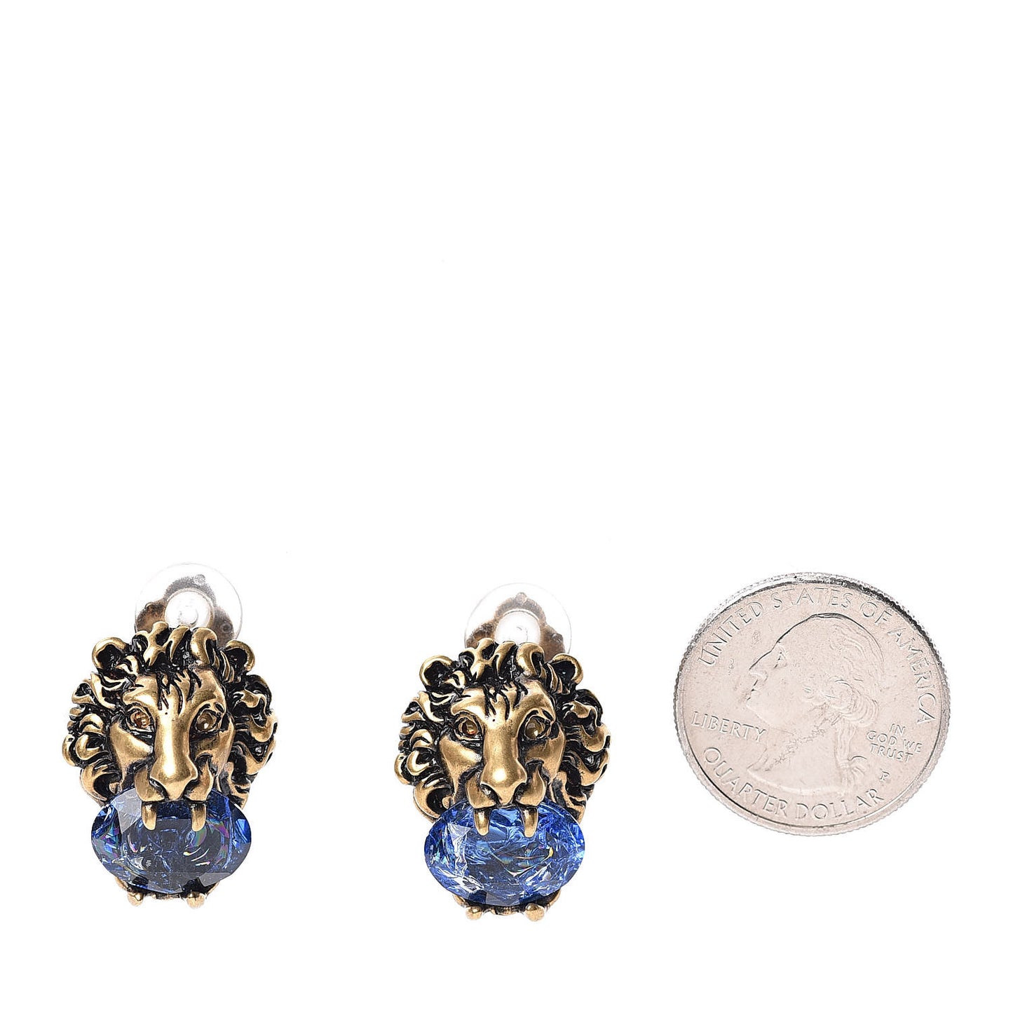 Metal Crystal Lion Clip On Earrings Aged Gold Blue