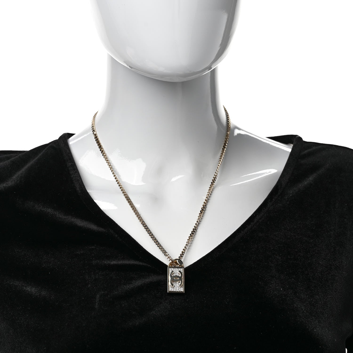 Chanel Crystal Dog Tag Charm Necklace Gold 2 of 6