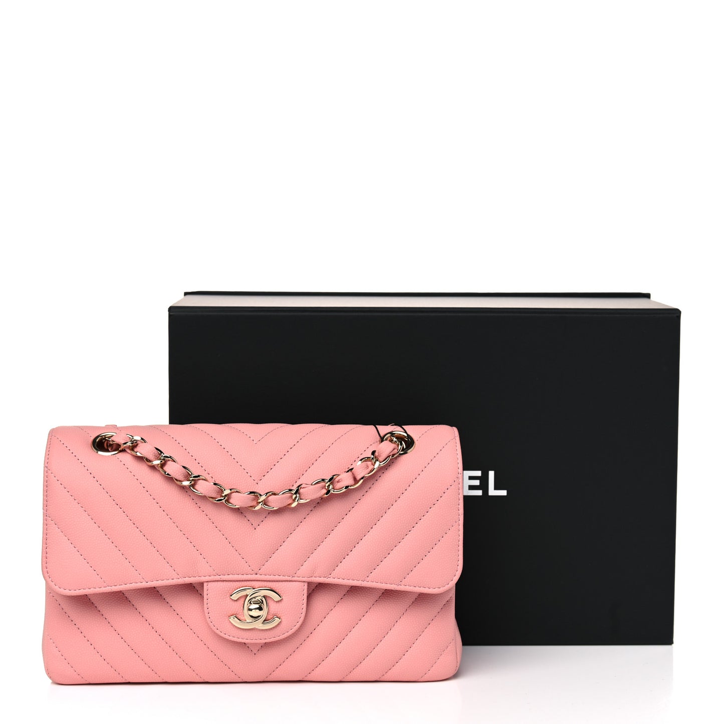 Caviar Chevron Quilted Small Double Flap Pink