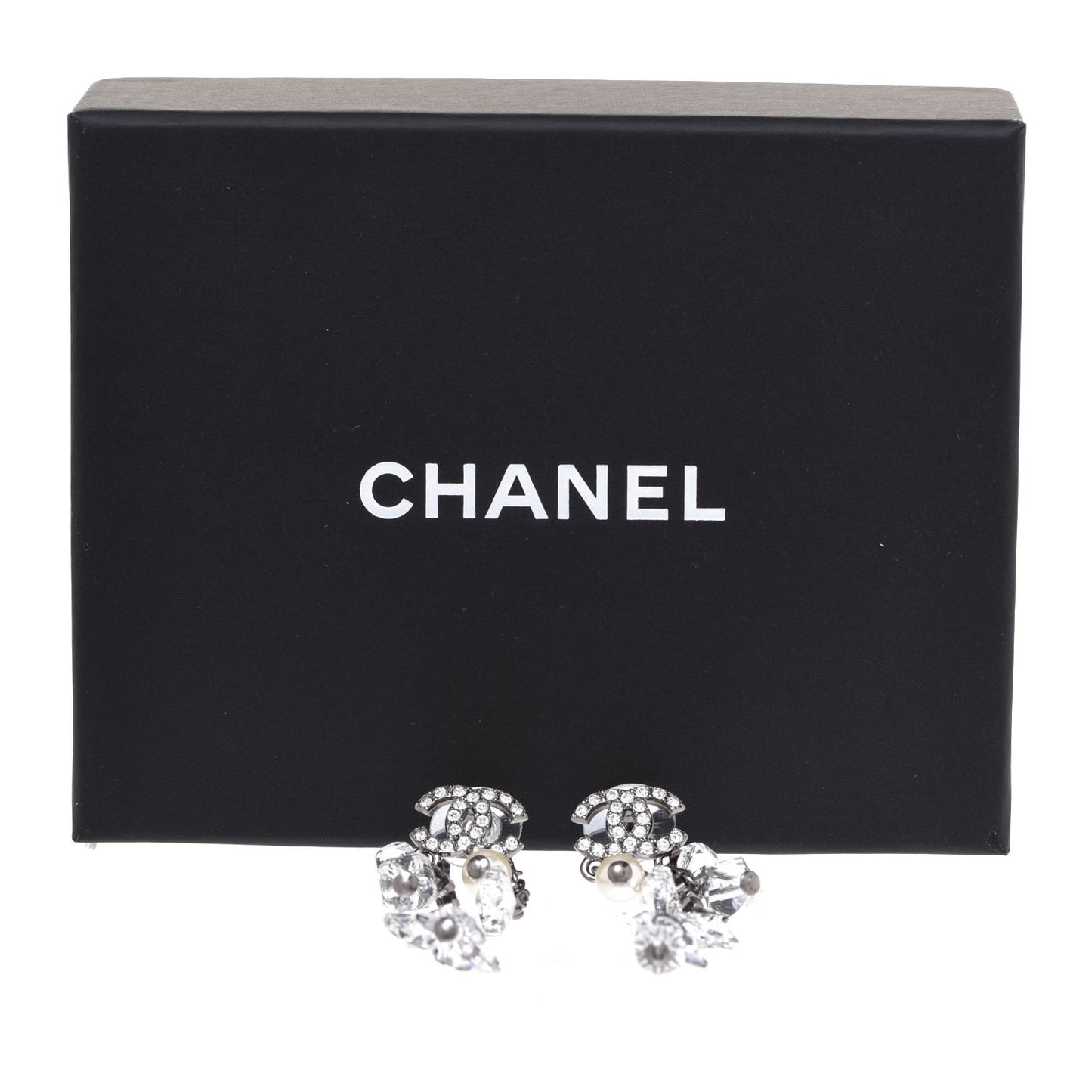 Glass Pearl Strass Crystal CC Chain Drop Earrings Silver