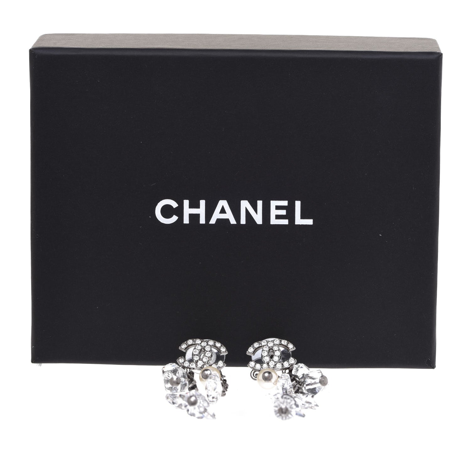 Chanel Glass Pearl Strass Crystal CC Chain Drop Earrings Silver 5 of 5