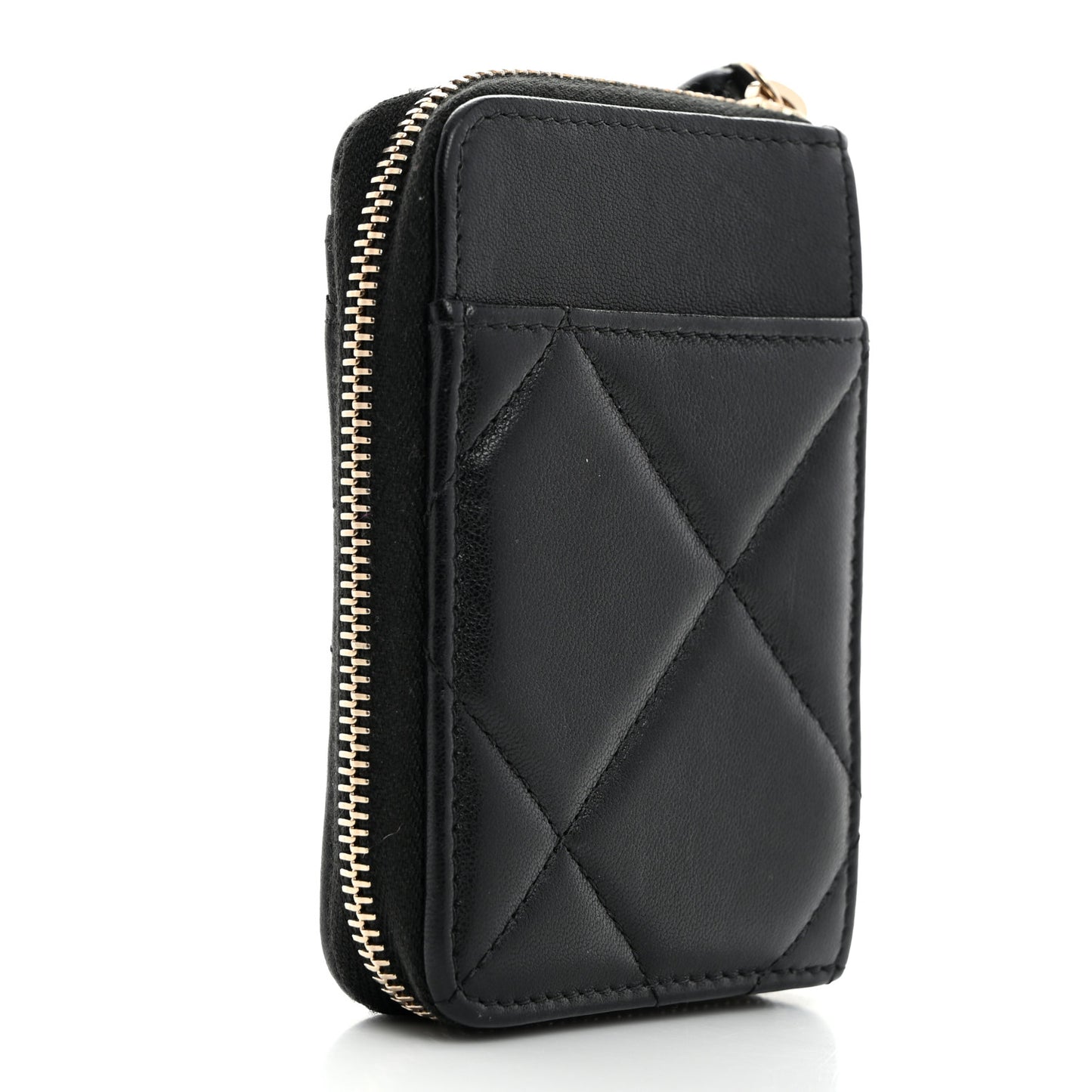Lambskin Quilted Chanel 19 Vertical Zip Card Holder Wallet Black