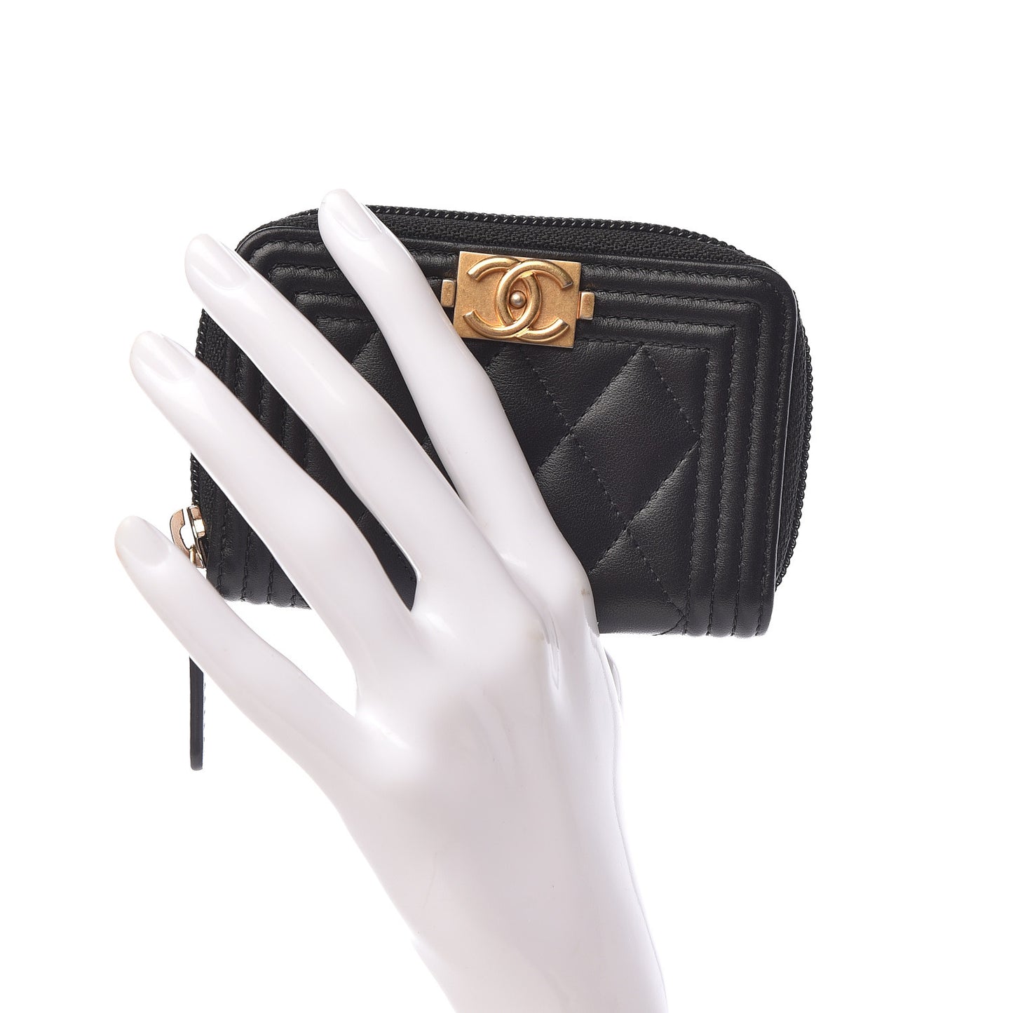 Calfskin Quilted Zip Around Boy Coin Purse Wallet Black