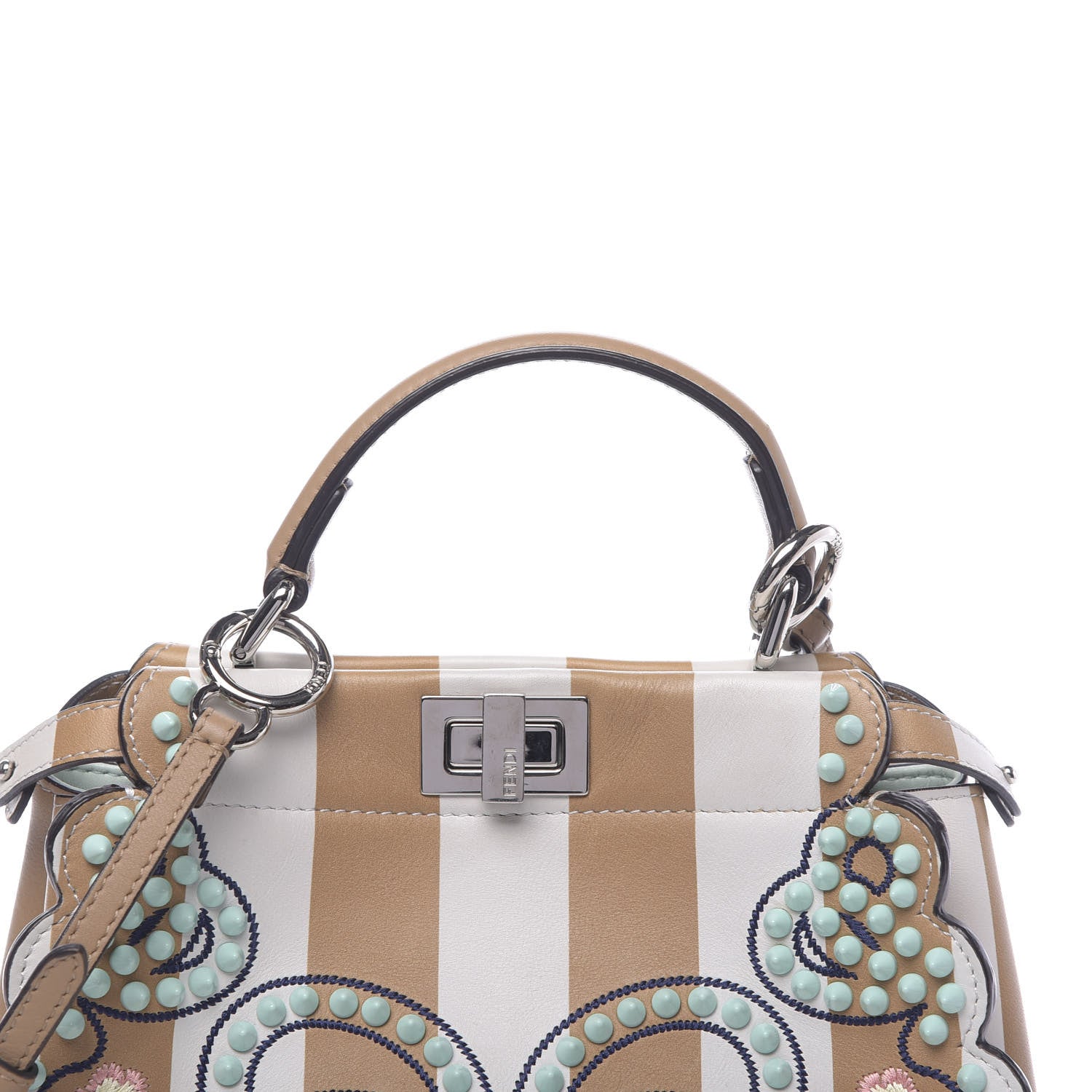 Fendi Vitello Shiny Nappa Pequin Flowers and Bows Scalloped Studded Mini Peekaboo Iconic Satchel Cuoio White Multicolor 8 of 14