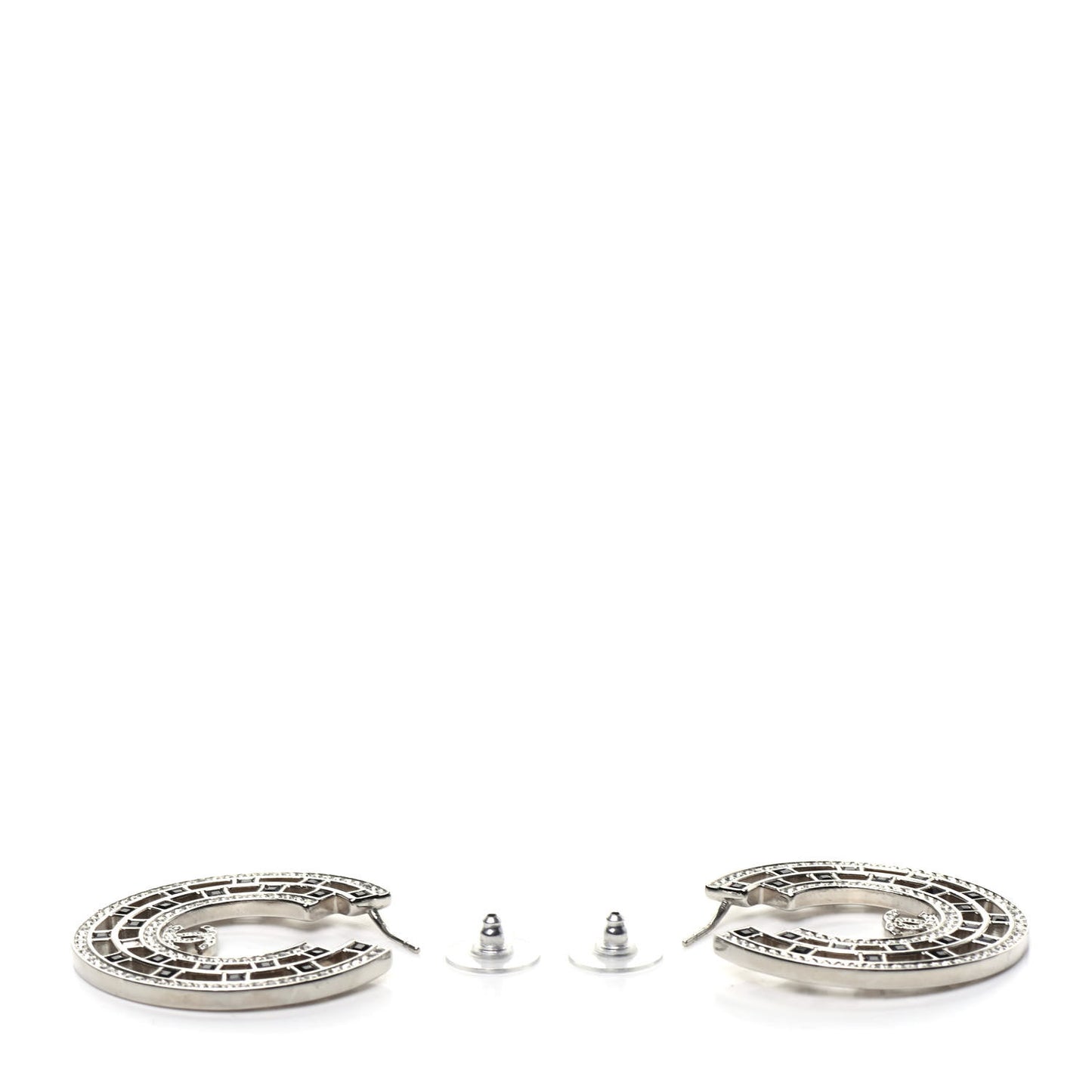 Baguette Crystal CC Hoop Earrings Silver Black