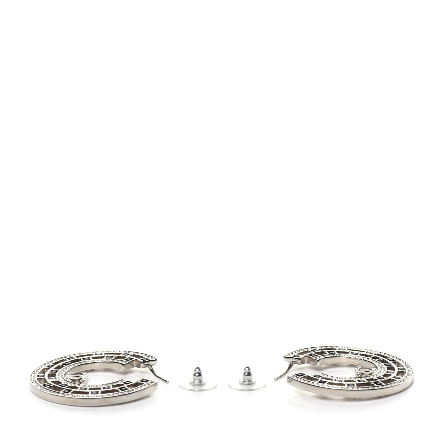 Chanel Baguette Crystal CC Hoop Earrings Silver Black 3 of 5