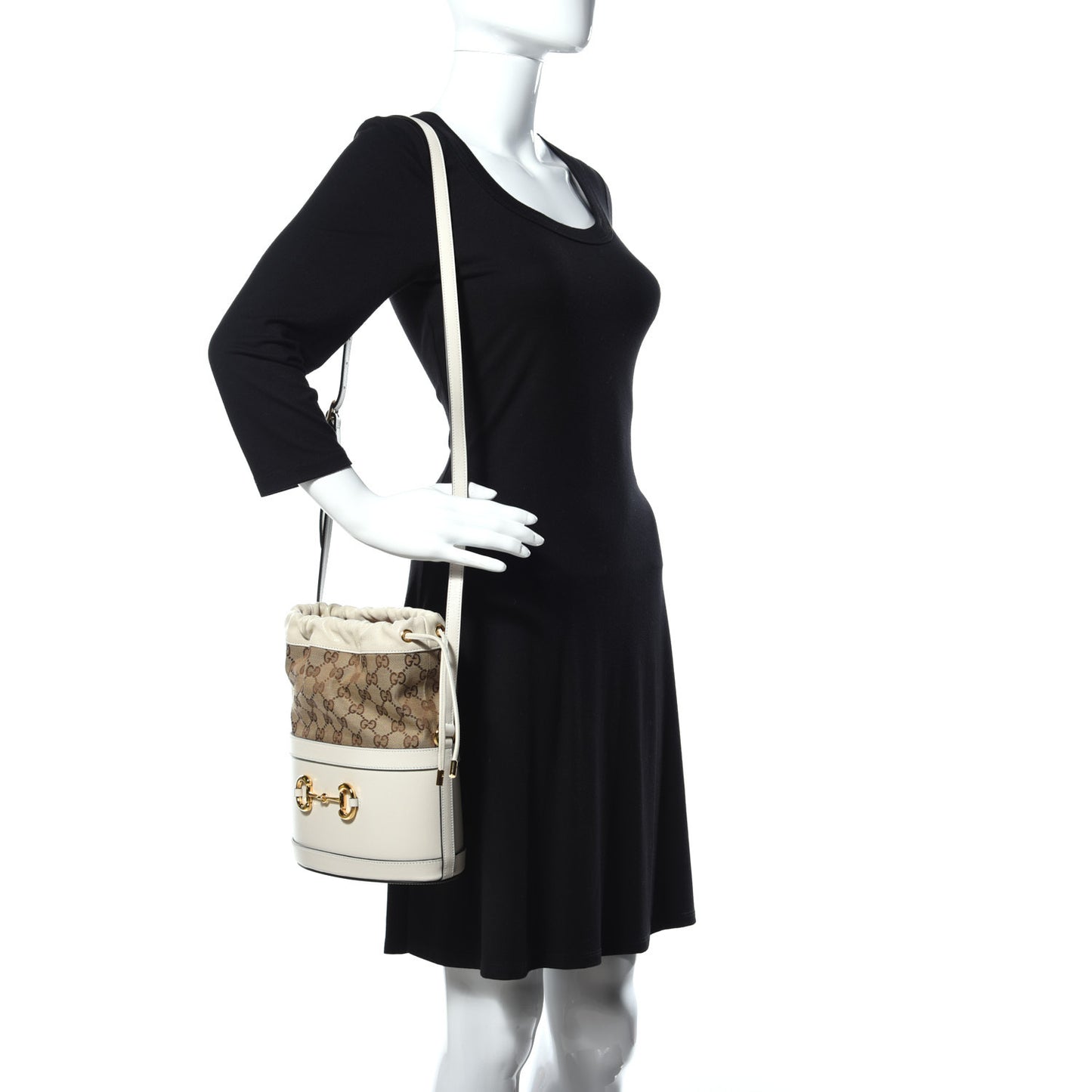 Monogram Textured Calfskin Horsebit 1955 Drawstring Bucket Bag Beige Mystic White