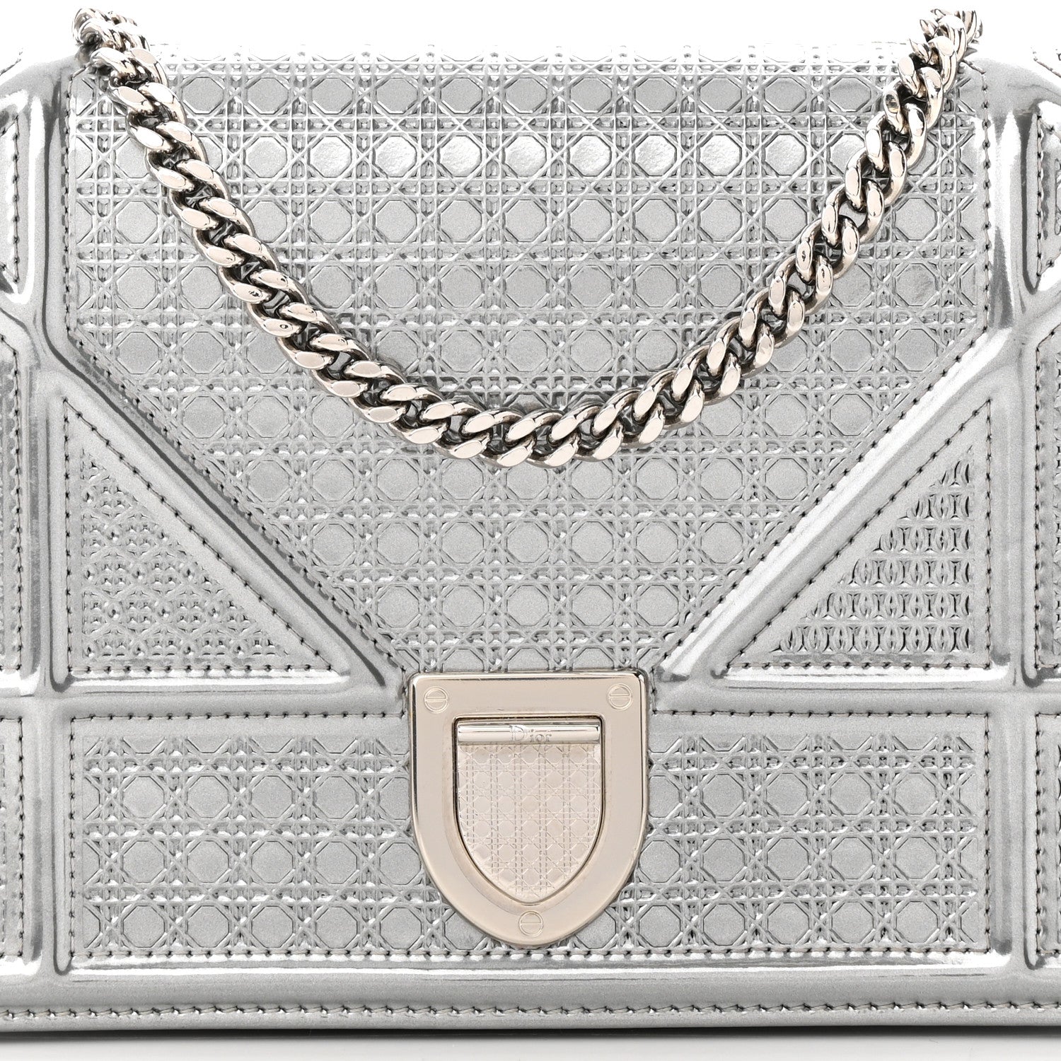 Christian Dior Metallic Patent Micro-Cannage Diorama Wallet on Chain Pouch Silver 8 of 12