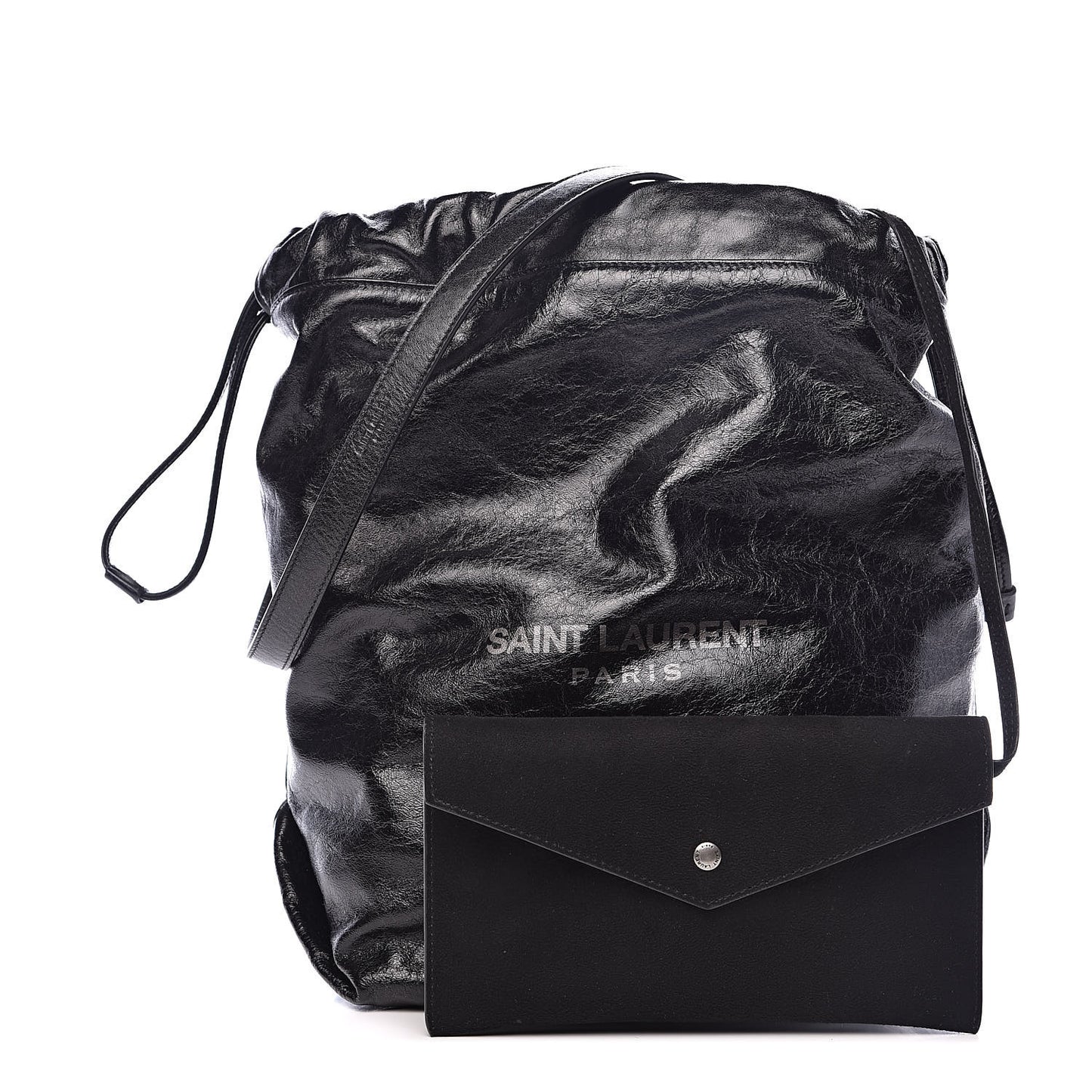 Cracked Shiny Calfskin Teddy Drawstring Bag Black