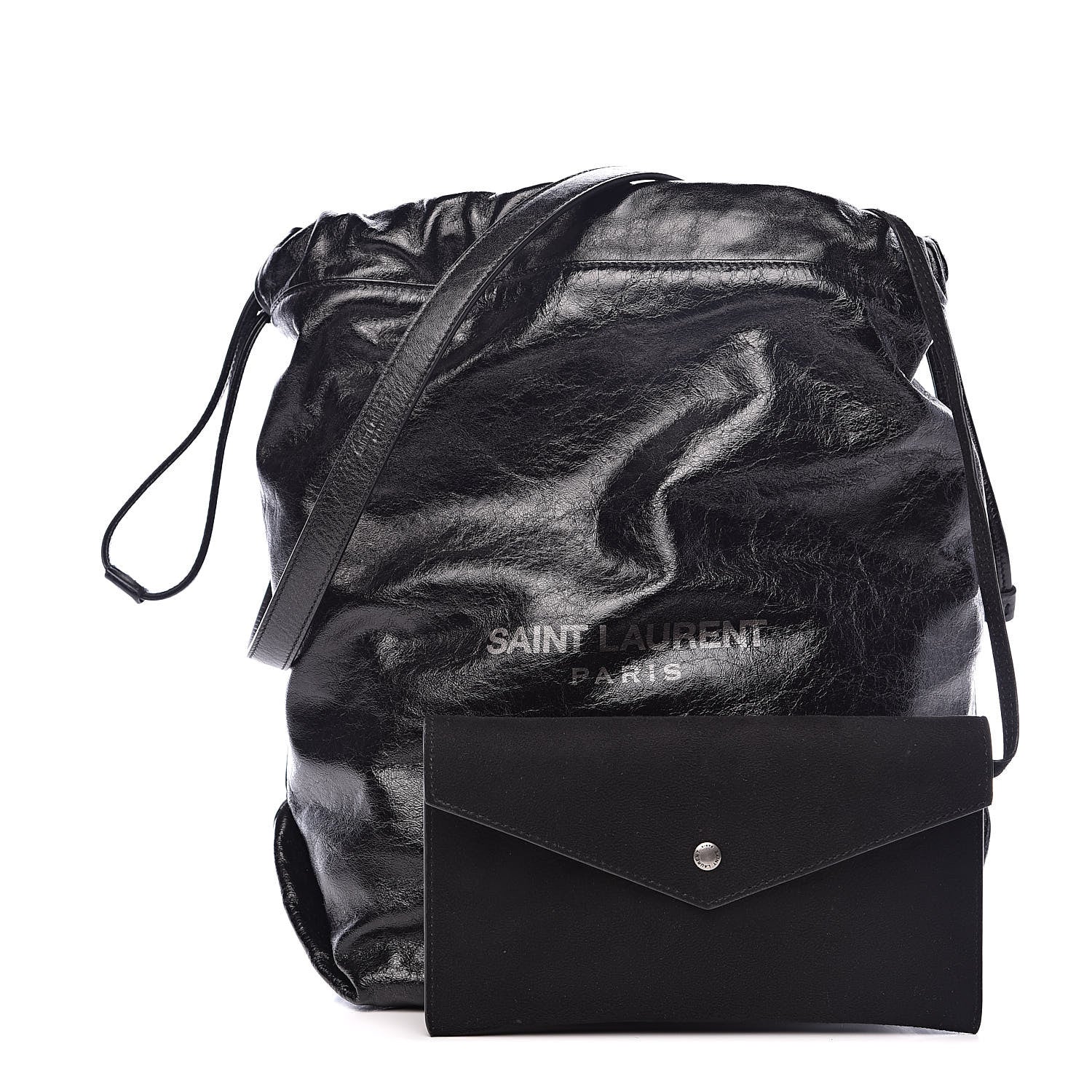 Saint Laurent Cracked Shiny Calfskin Teddy Drawstring Bag Black 3 of 10