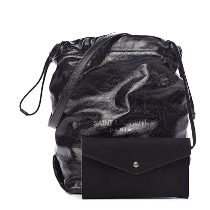 Saint Laurent Cracked Shiny Calfskin Teddy Drawstring Bag Black 3 of 10
