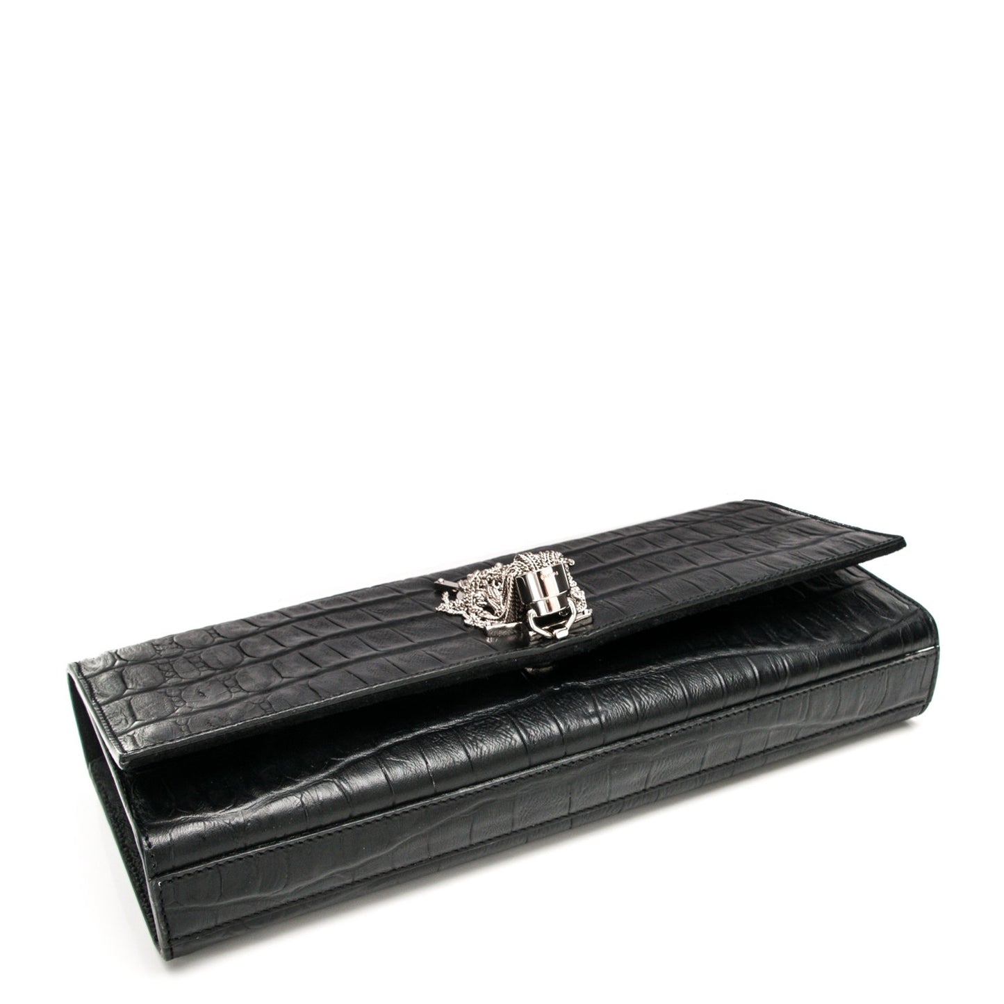 Calfskin Crocodile Embossed Classic Monogram Tassel Clutch Black