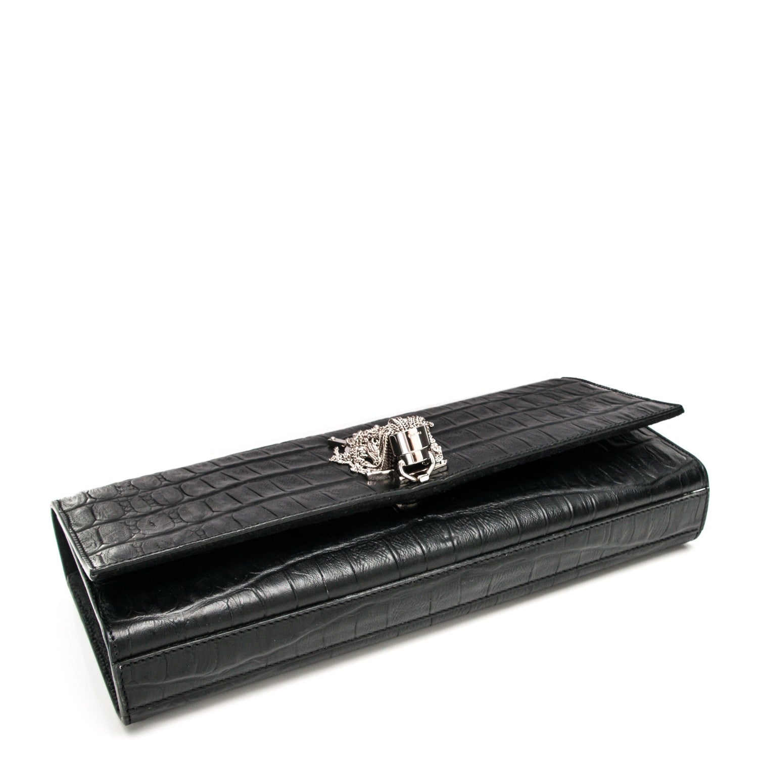 Saint Laurent Calfskin Crocodile Embossed Classic Monogram Tassel Clutch Black 4 of 6