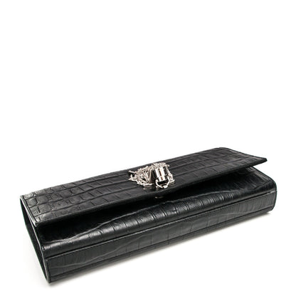 Saint Laurent Calfskin Crocodile Embossed Classic Monogram Tassel Clutch Black 4 of 6