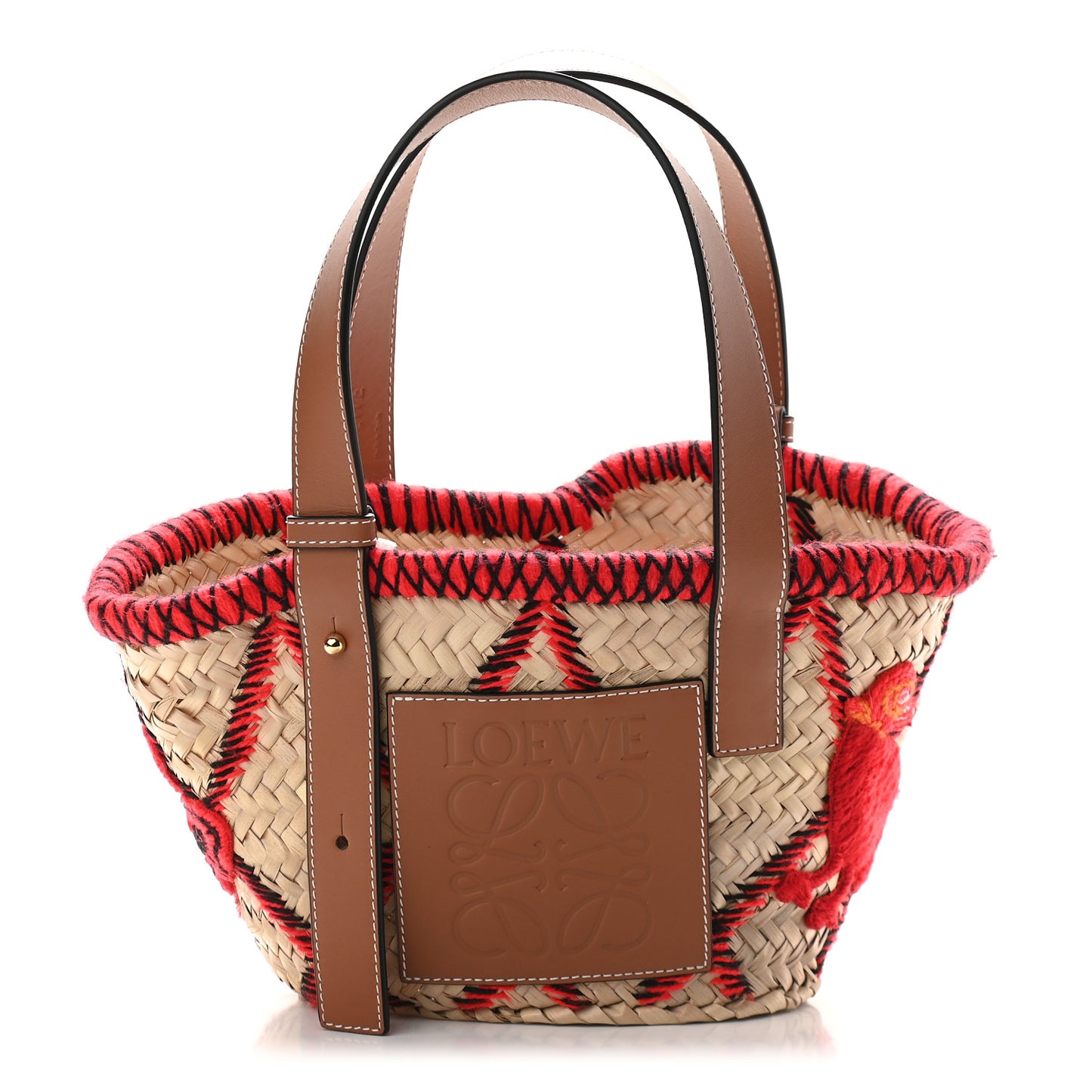 Embroidered Raffia Basket Tote Bag Natural Tan Red