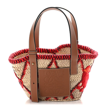 Loewe Embroidered Raffia Basket Tote Bag Natural Tan Red 1 of 8